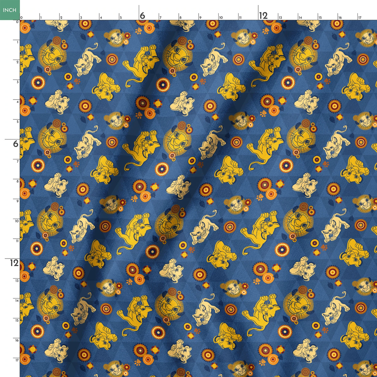 Geometric pattern with yellow lion figures and circular designs on blue triangular background springs ruler 18x18