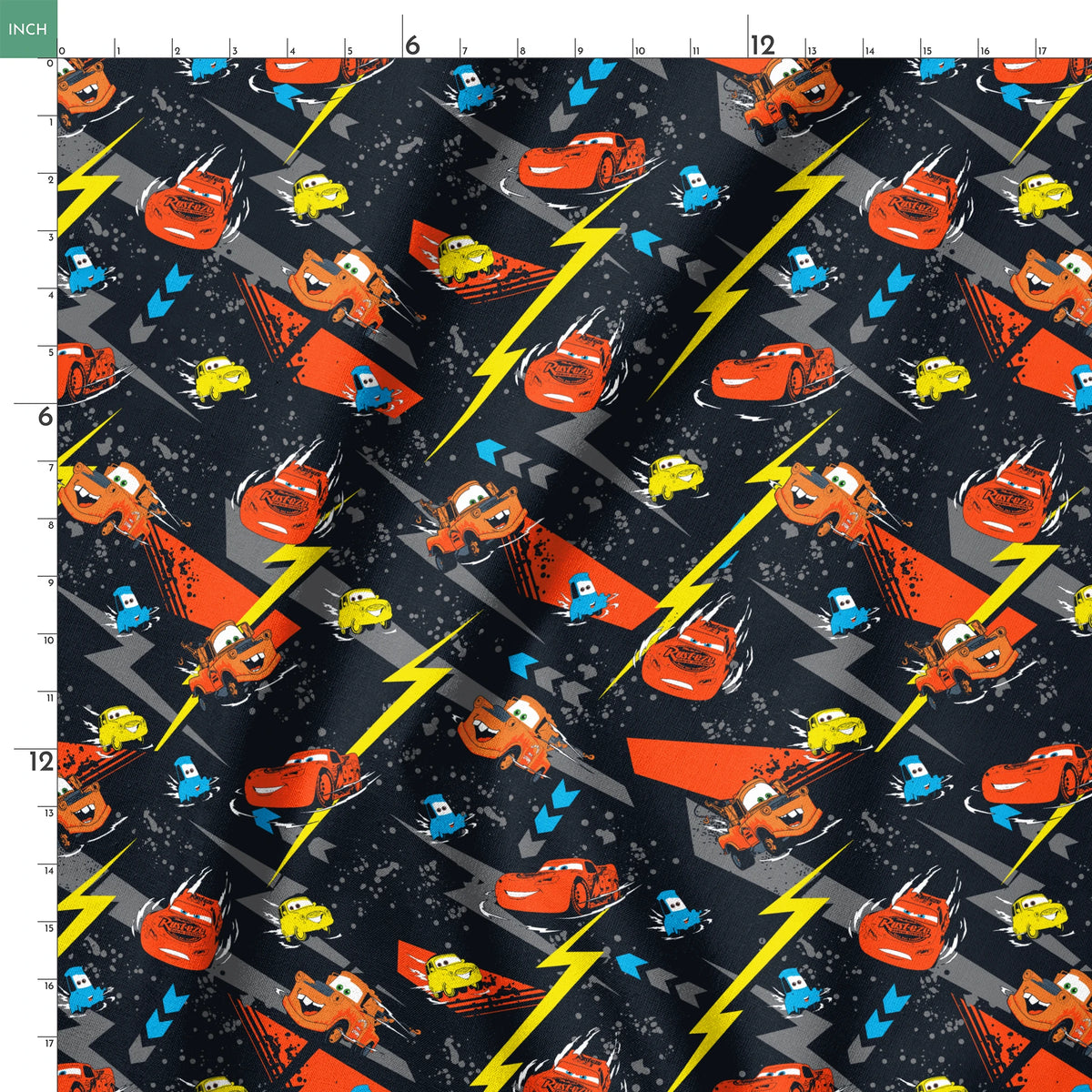 Pattern of animated red race cars with lightning bolt designs on dark background with yellow lightning strikes and blue accents springs ruler 18x18