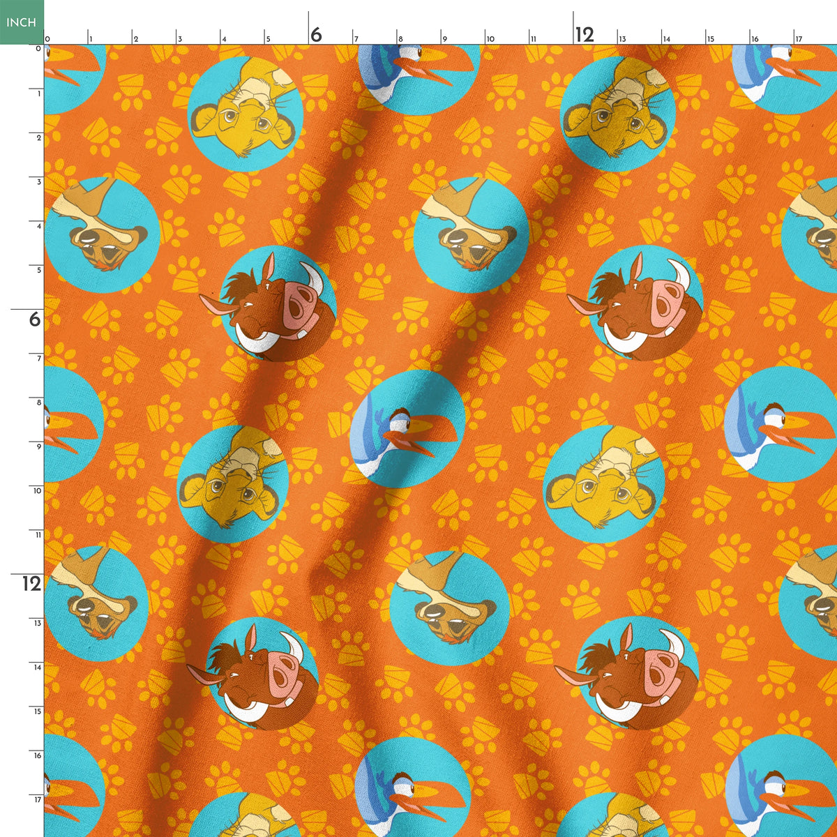 Cartoon animal characters in blue circles on orange background with yellow paw prints pattern springs ruler 18x18