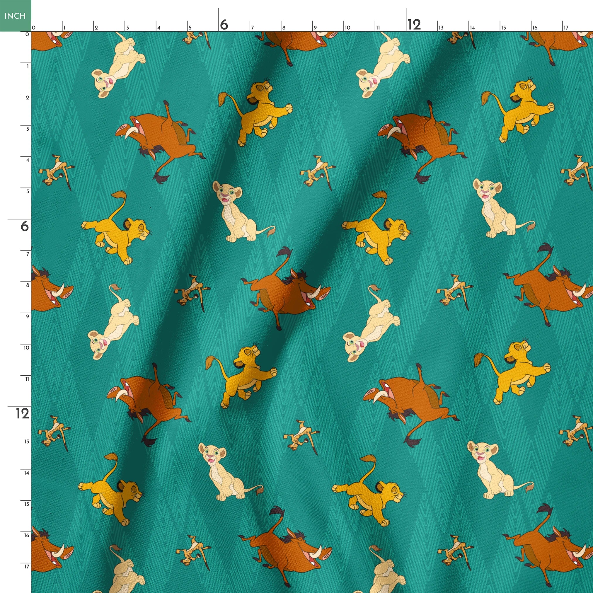 Lion cubs in various poses on teal zigzag background; yellow, cream, and brown lions jumping and sitting springs ruler 18x18