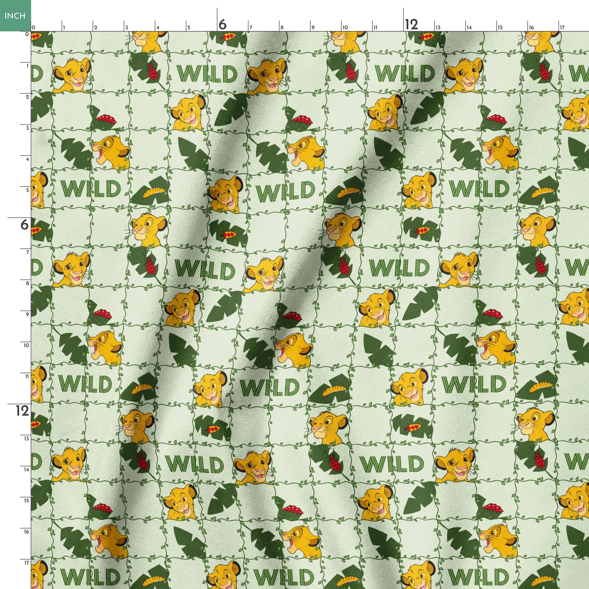 Young cartoon lion cubs with tropical leaves and "WILD" text on light green background pattern springs ruler 18x18