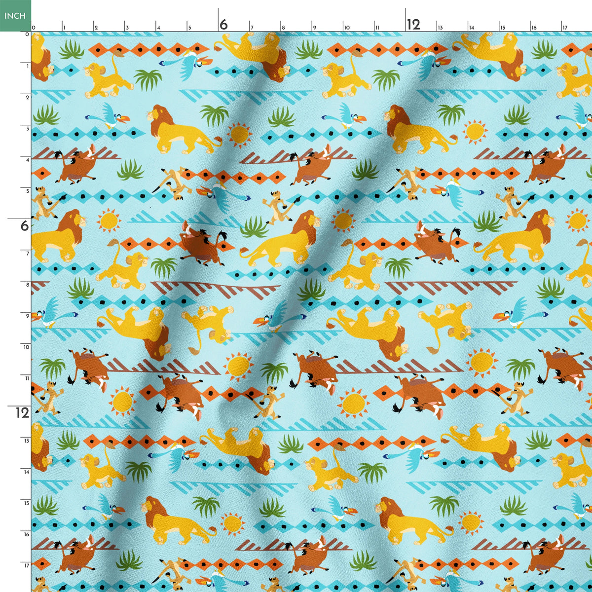 Colorful pattern with cartoon lions, palm trees, and sun designs on a light blue background springs ruler 18x18