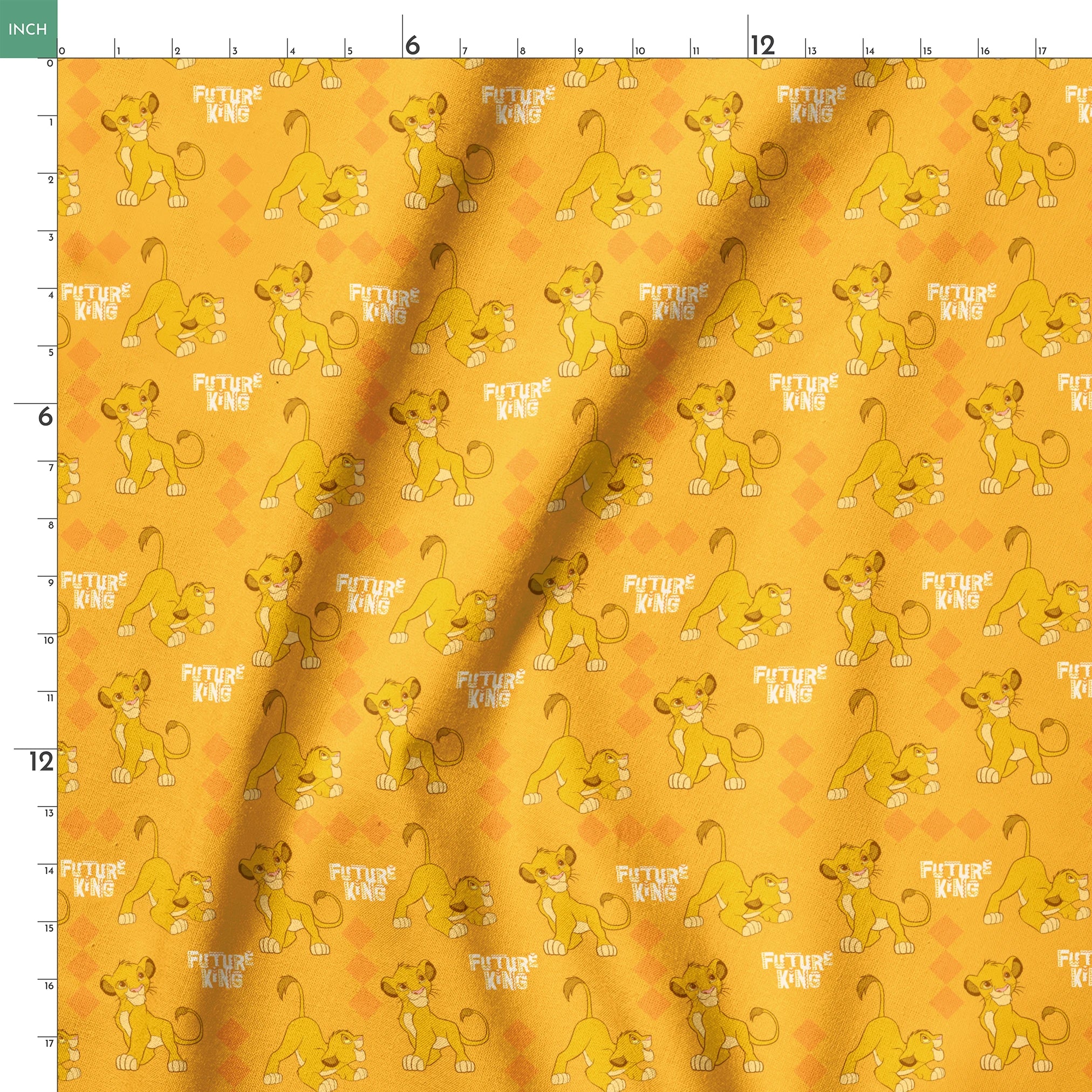 Young lion cub cartoon pattern on orange diamond background with "Future King" text springs ruler 18x18