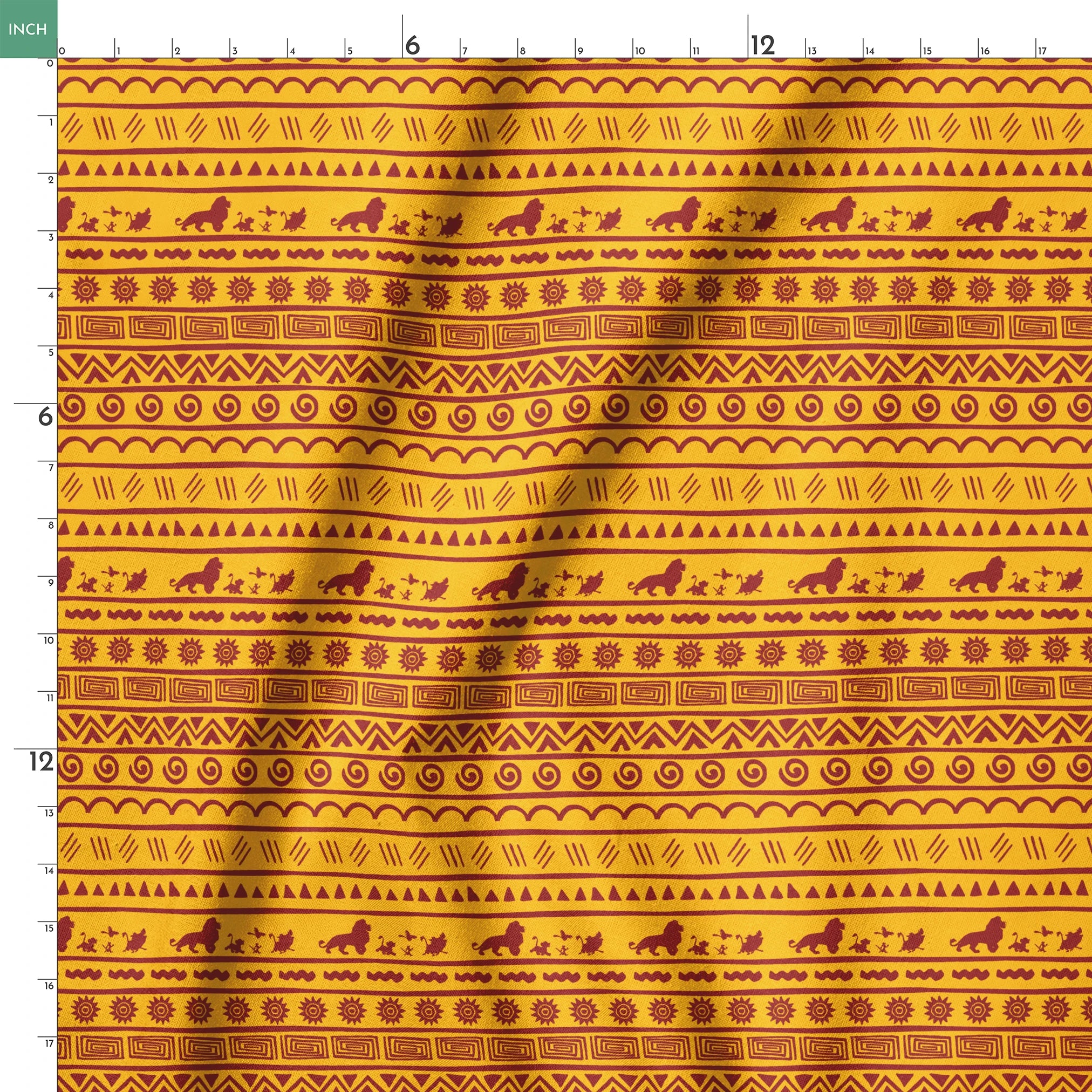 Traditional African pattern in yellow and maroon with spirals, lions, geometric designs, and sun symbols arranged in horizontal bands springs ruler 18x18