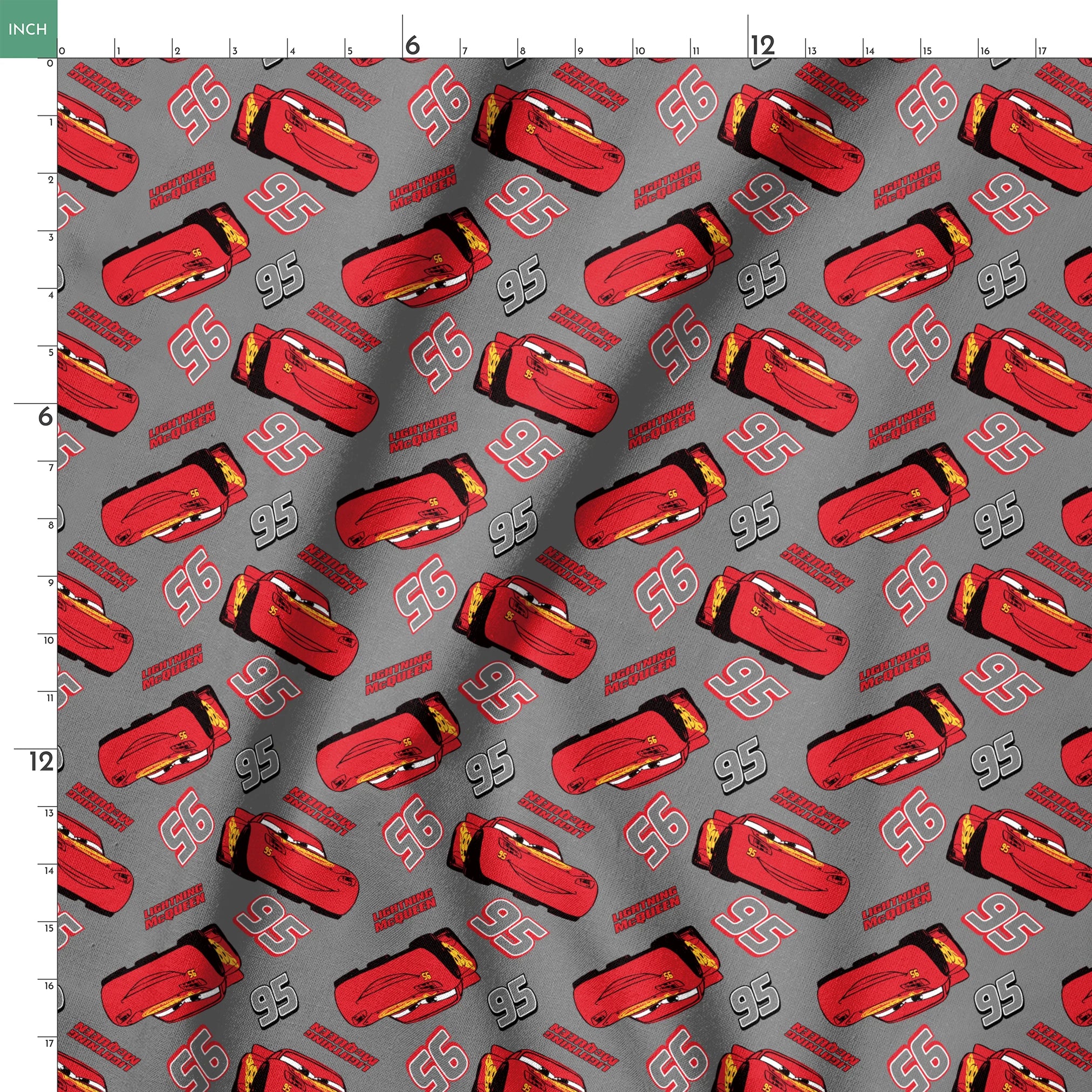 Lightning McQueen pattern with red race cars and number 95 on gray background springs ruler 18x18