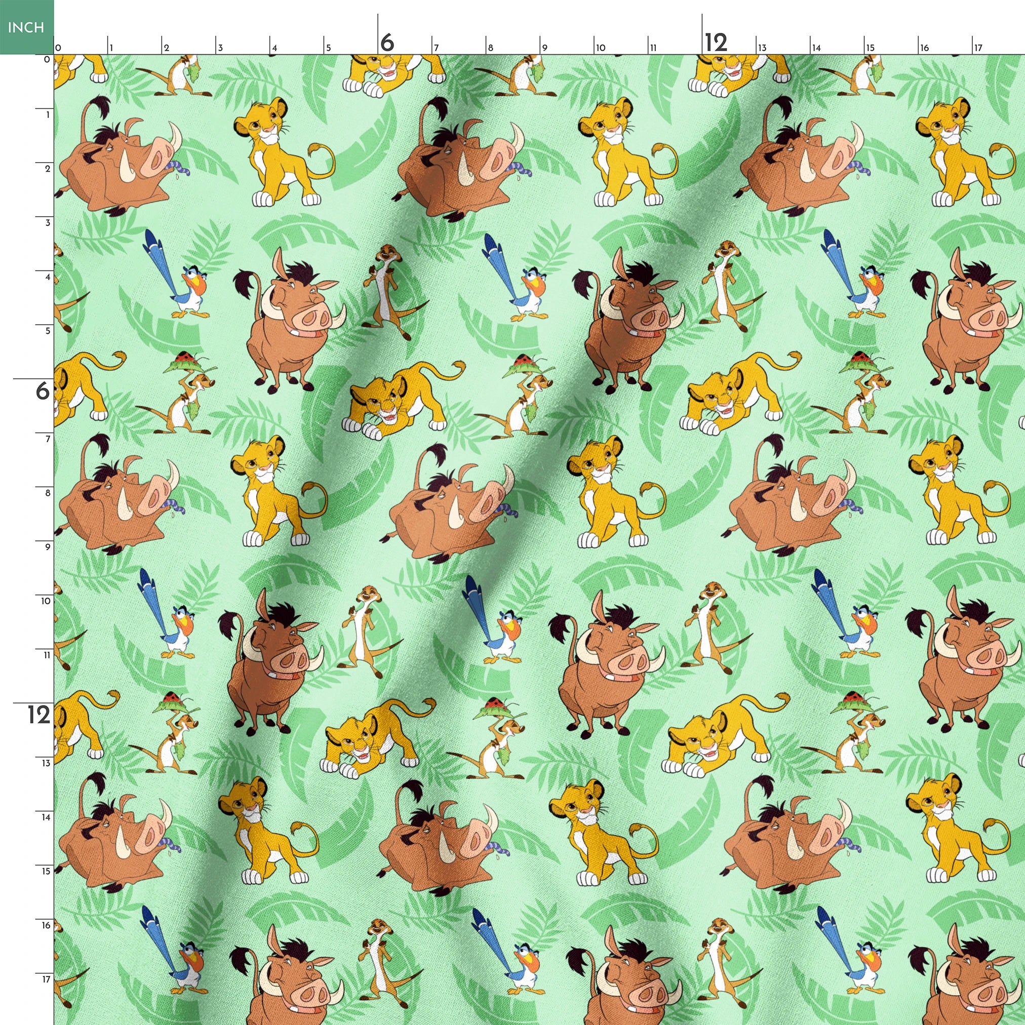 A repeating pattern of Lion King characters - Simba, Timon, Pumbaa, and Zazu on a light green leafy background. springs ruler 18x18