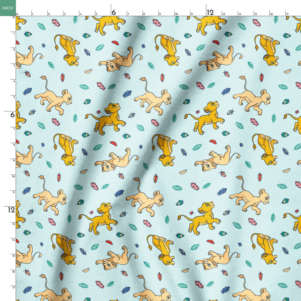 Lion cubs playing on light blue background with colorful leaves and plant elements scattered throughout springs ruler 18x18