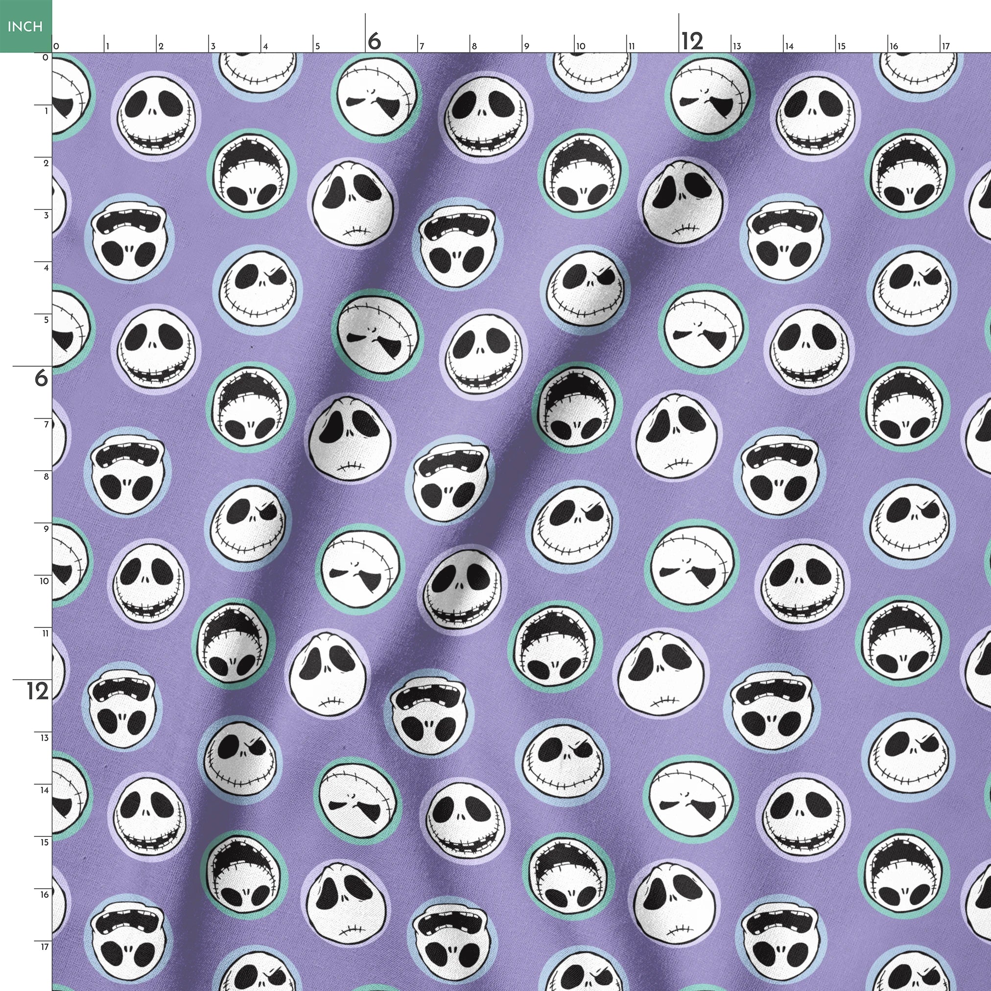 Repeating skull faces with stitched mouths and large eyes on purple background in cartoon style springs ruler 18x18