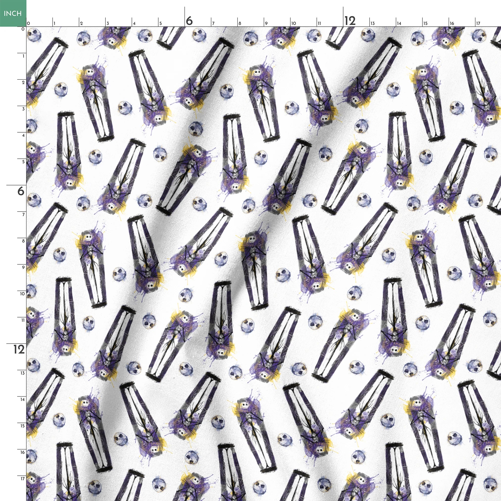 Repeating pattern of stylized gothic figures in black and purple with skull-like faces on white background springs ruler 18x18