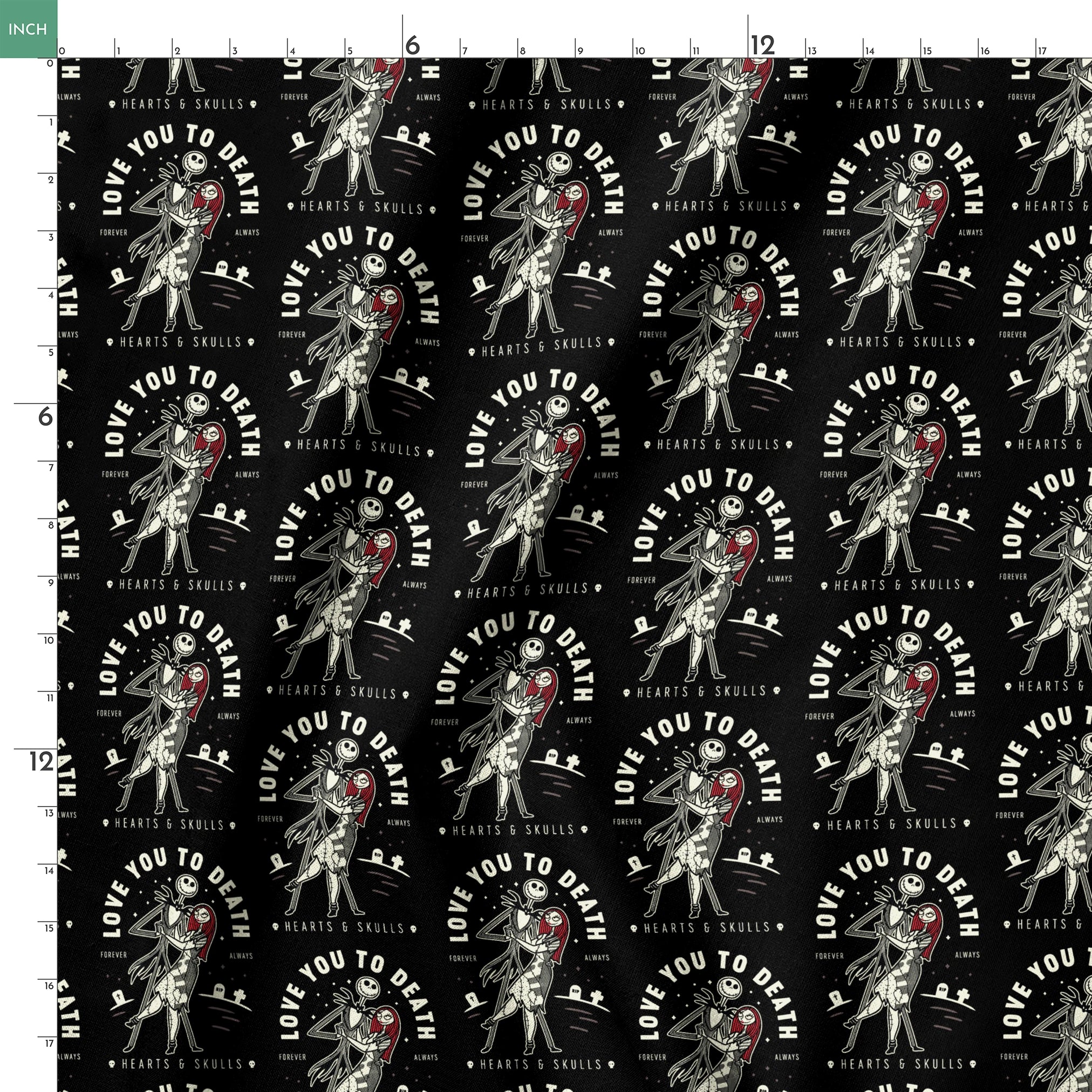 Repeating pattern of skeletal figures holding red hearts with "LOVE YOU TO DEATH" text on black background springs ruler 18x18