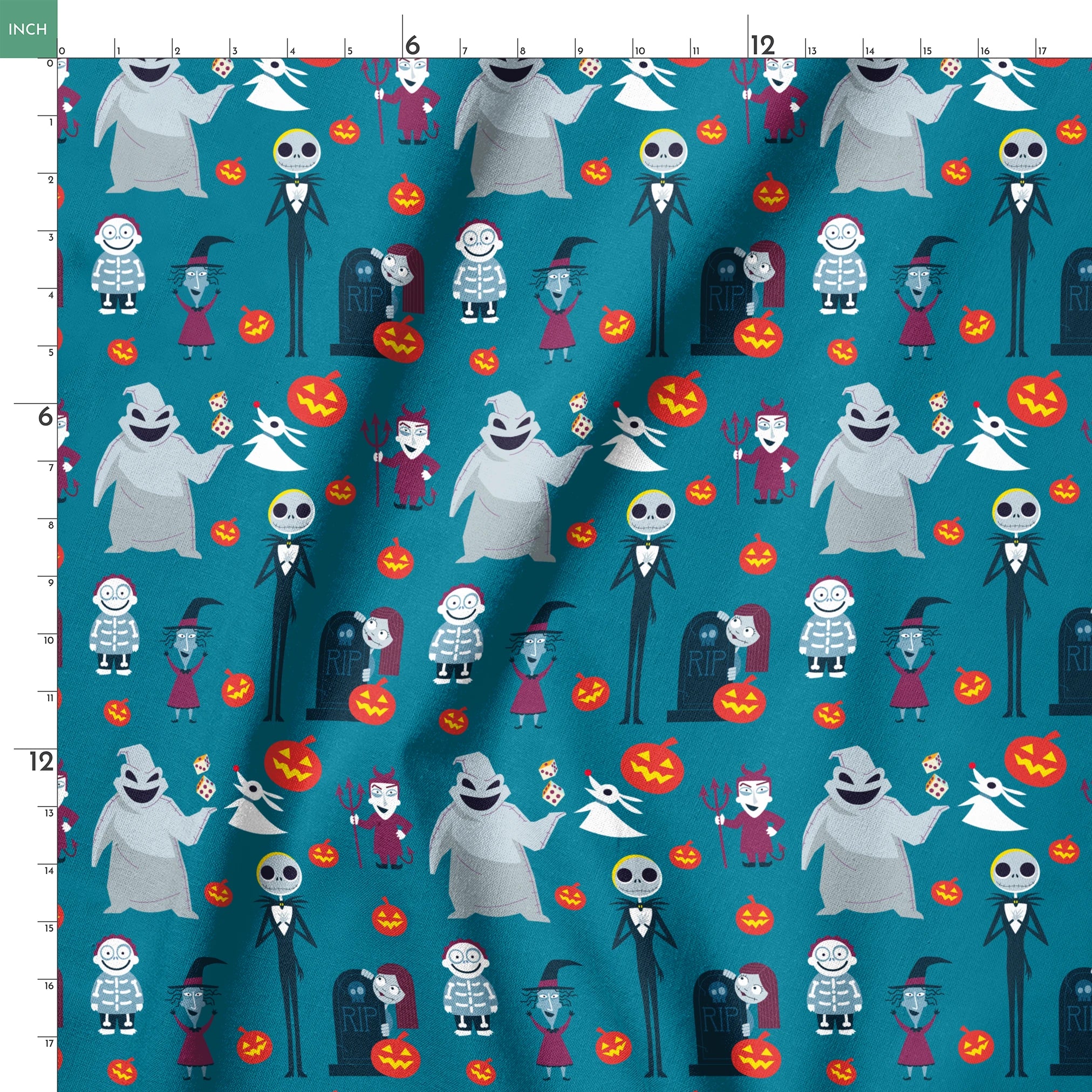 Halloween characters pattern with ghost, skeleton, witch, and pumpkins on teal background in cartoon style springs ruler 18x18