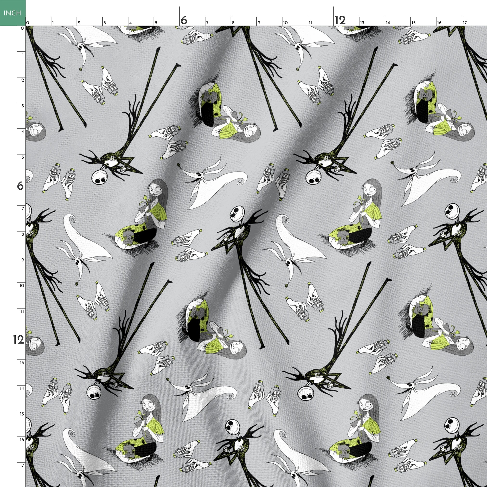 Spooky pattern with stylized ghostly figures, skeletal creatures, and green accents on gray background springs ruler 18x18