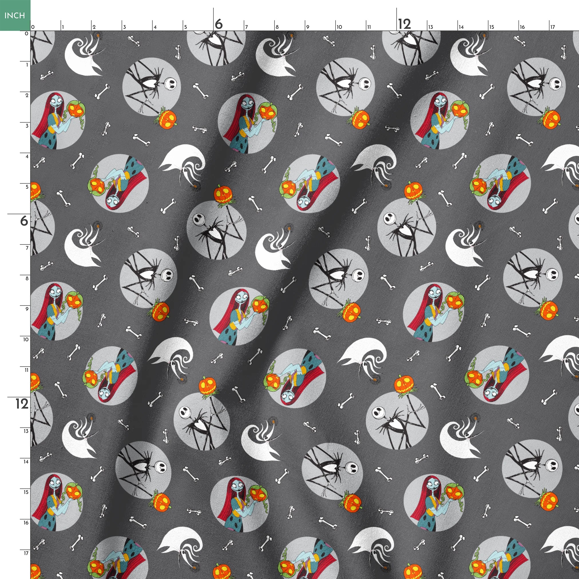 Nightmare Before Christmas themed pattern with Sally and Jack Skellington, pumpkins, bones, and ghostly designs on gray background springs ruler 18x18