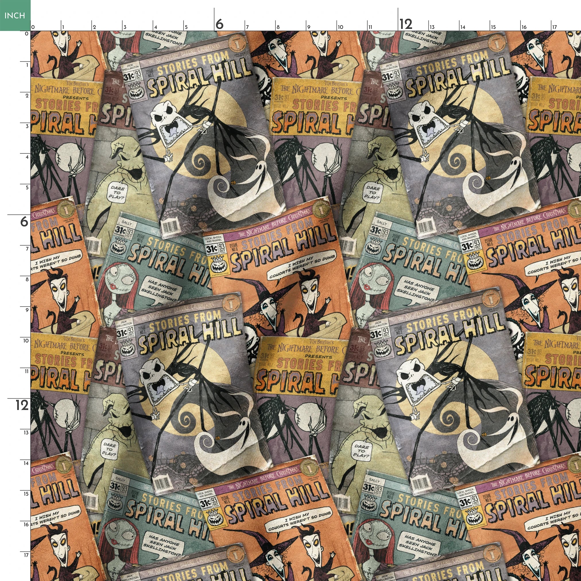 Vintage-style comic books featuring "Stories from Spiral Hill" with spooky skeletal characters on orange and gray covers springs ruler 18x18