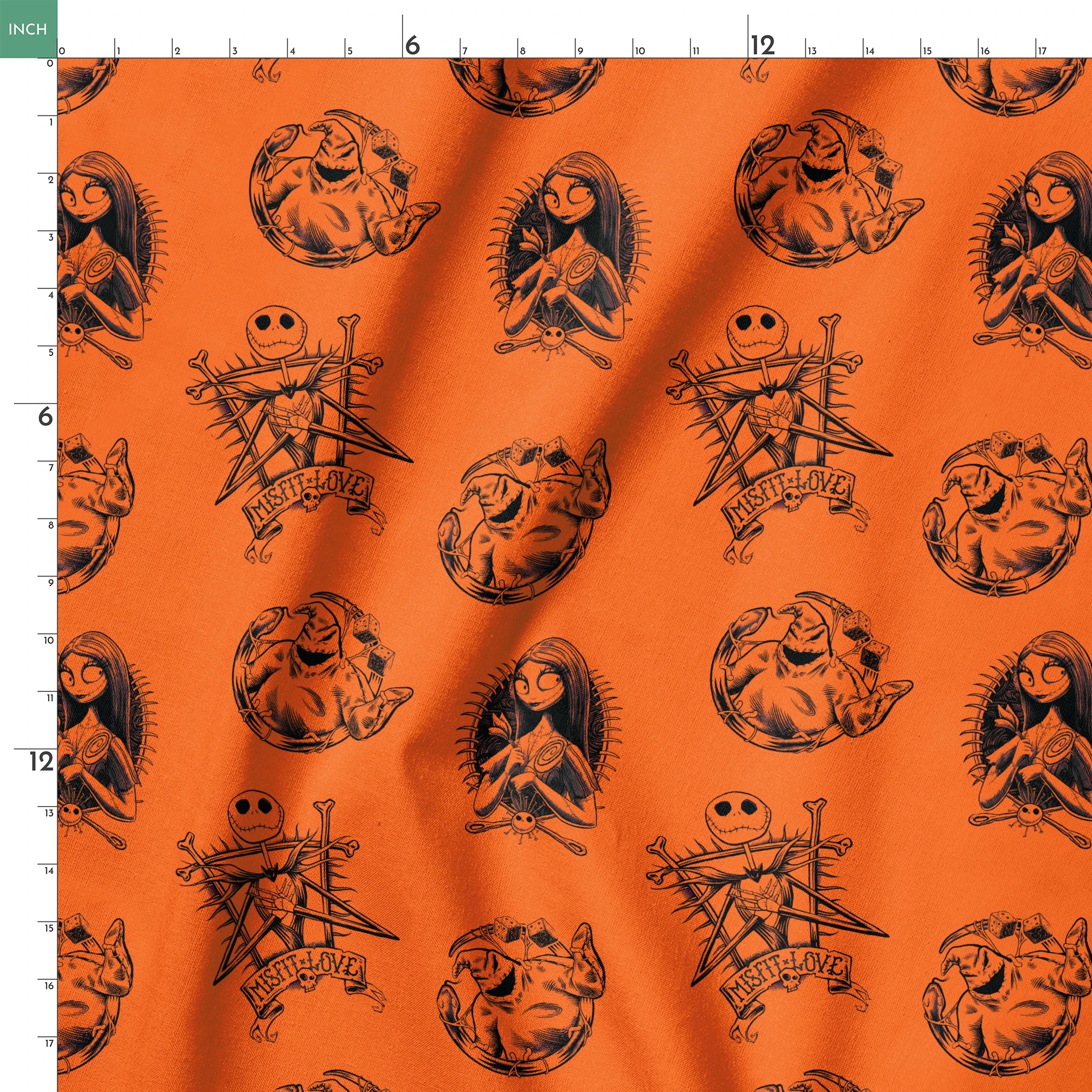 Halloween-themed pattern with spooky characters including Jack Skellington on bright orange background springs ruler 18x18