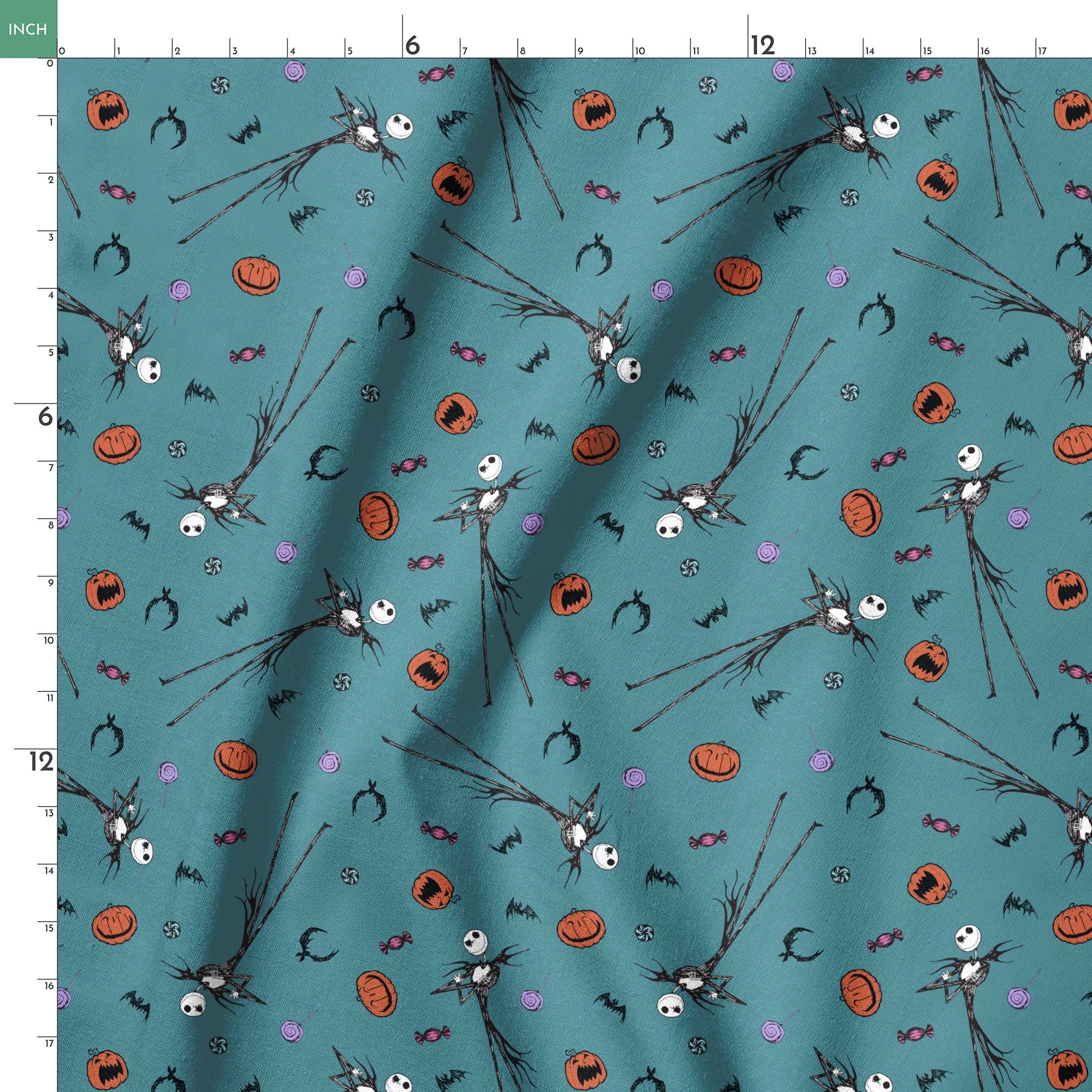 Halloween pattern with witch brooms, pumpkins, bats, candy, and creepy eyes on teal background springs ruler 18x18