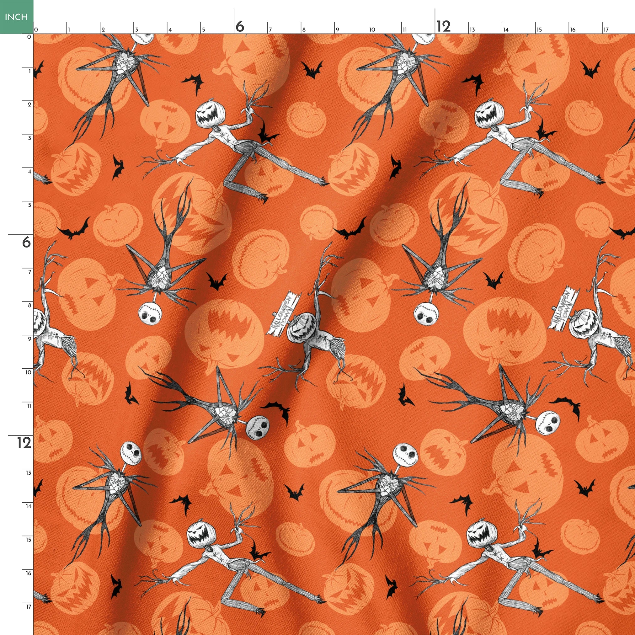 Nightmare Before Christmas pattern with Jack Skellington, bats, and jack-o'-lantern silhouettes on orange background springs ruler 18x18