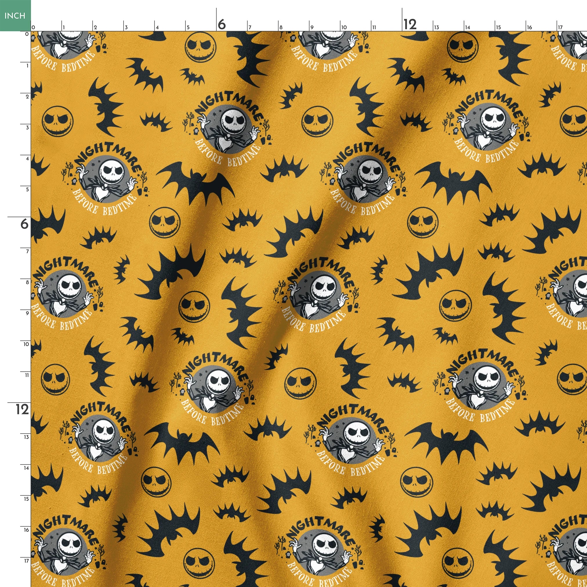 Halloween pattern with skeletal figure, "Nightmare" text, yellow background, black bats and smiling faces springs ruler 18x18