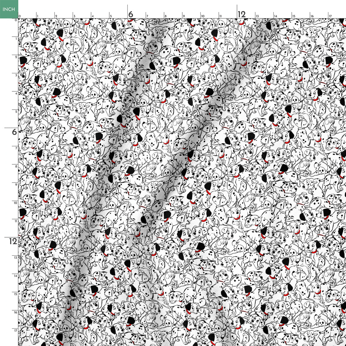 A densely packed pattern of Dalmatian puppies with black spots and red collars, creating a whimsical black and white illustration. springs ruler 18x18