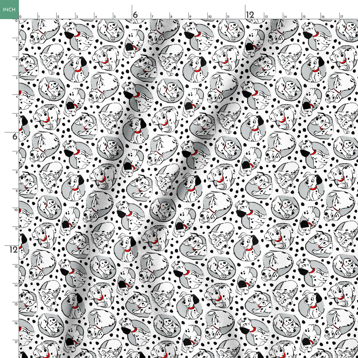 Cartoon pattern of Dalmatian puppies with black spots and red collars on white background springs ruler 18x18