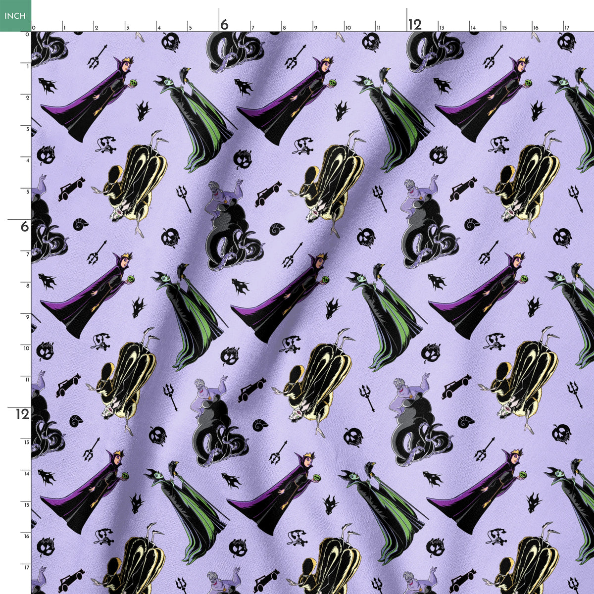 Disney villain characters pattern on purple background, featuring Maleficent and other iconic antagonists in stylized form springs ruler 18x18