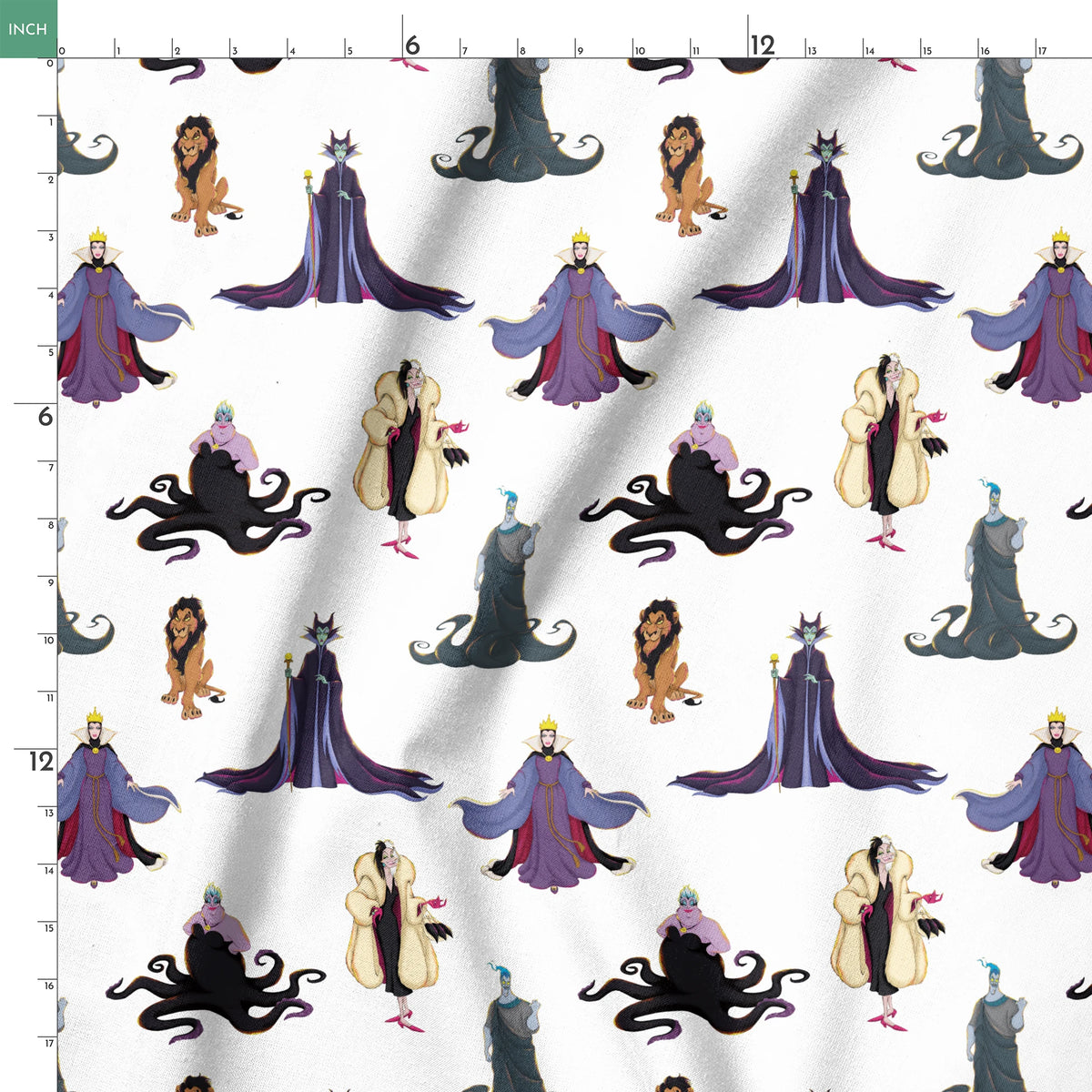 Disney villains pattern with Evil Queen, Scar, Maleficent, Ursula, and Cruella on white background springs ruler 18x18