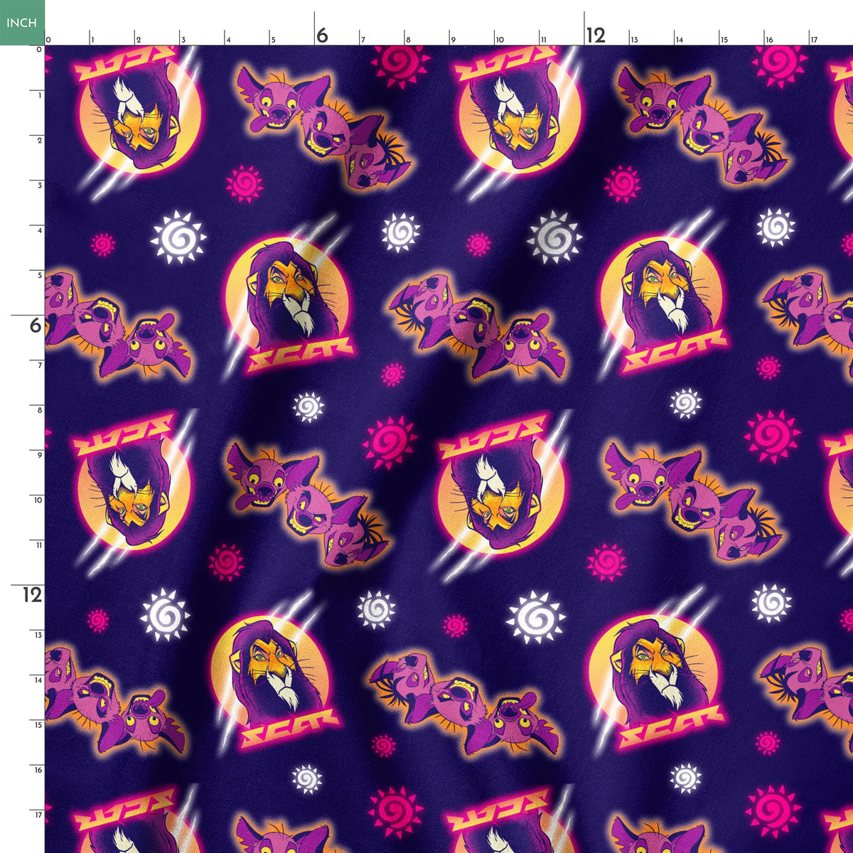 Lion and hyena characters pattern with suns on purple background, Disney's Lion King inspired design springs ruler 18x18