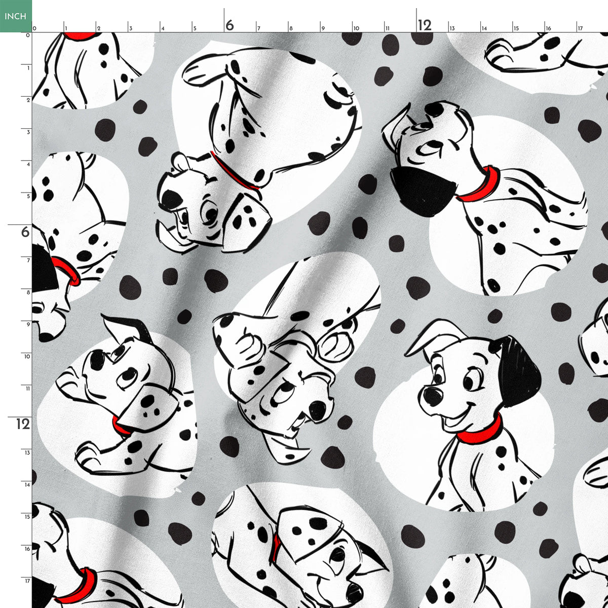 Cartoon Dalmatian dogs with red collars on gray background with black spots pattern springs ruler 18x18