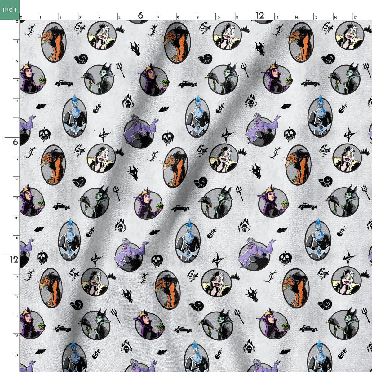 Disney villain characters in circular portraits on a gray background with spooky silhouette symbols springs ruler 18x18