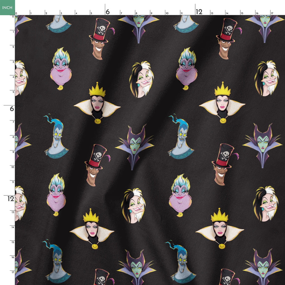 Illustrated Disney villain heads on black background including sea witch, evil queen, and others springs ruler 18x18