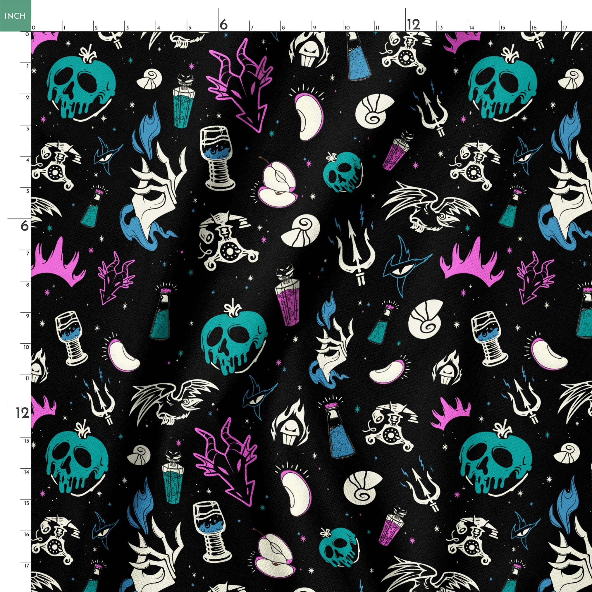Gothic pattern with Disney villain-inspired icons like skulls, potions, and flames in teal, purple, and blue on black background. springs ruler 18x18