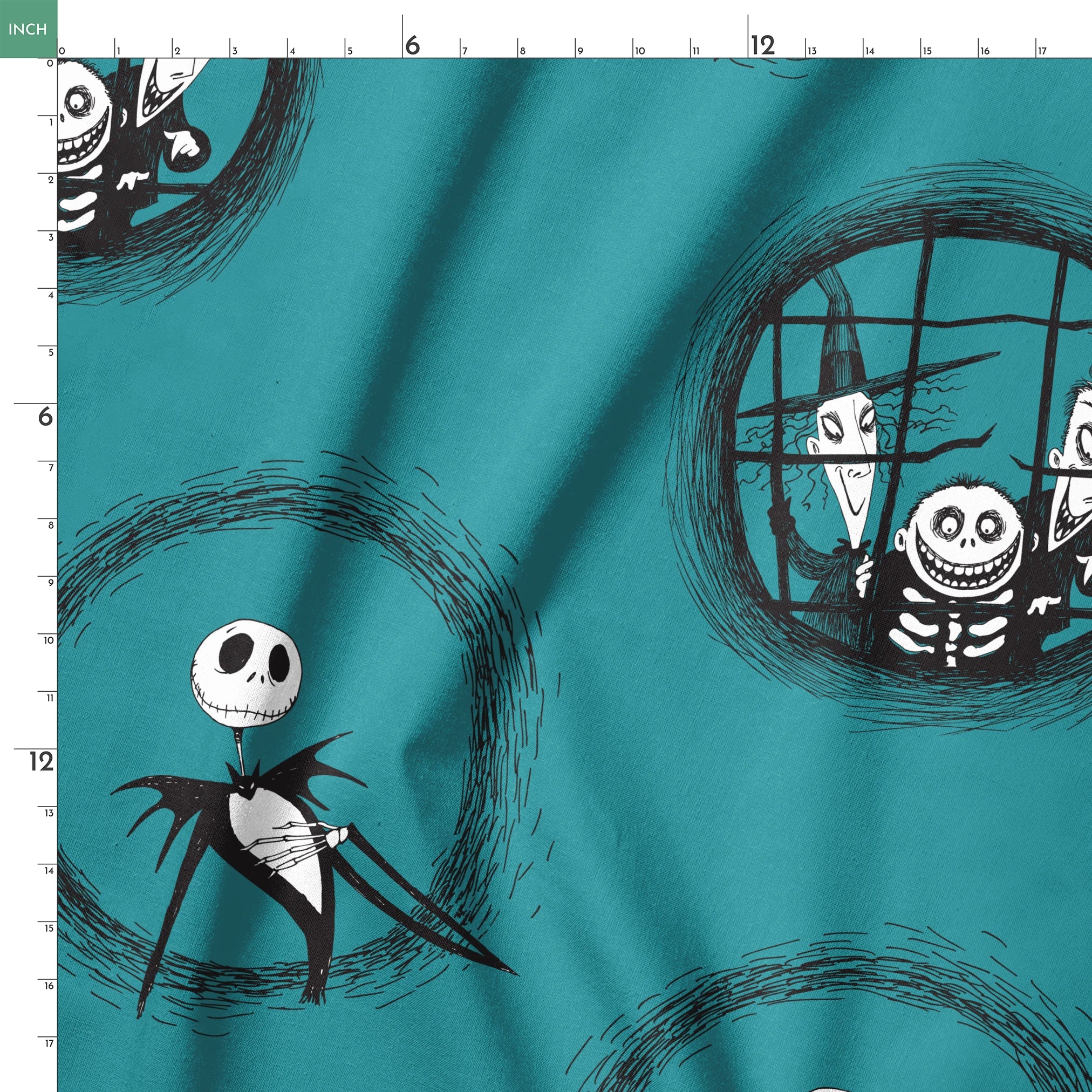 Teal patterned design with The Nightmare Before Christmas characters in circular frames, featuring round-headed characters in formal attire. springs ruler 18x18