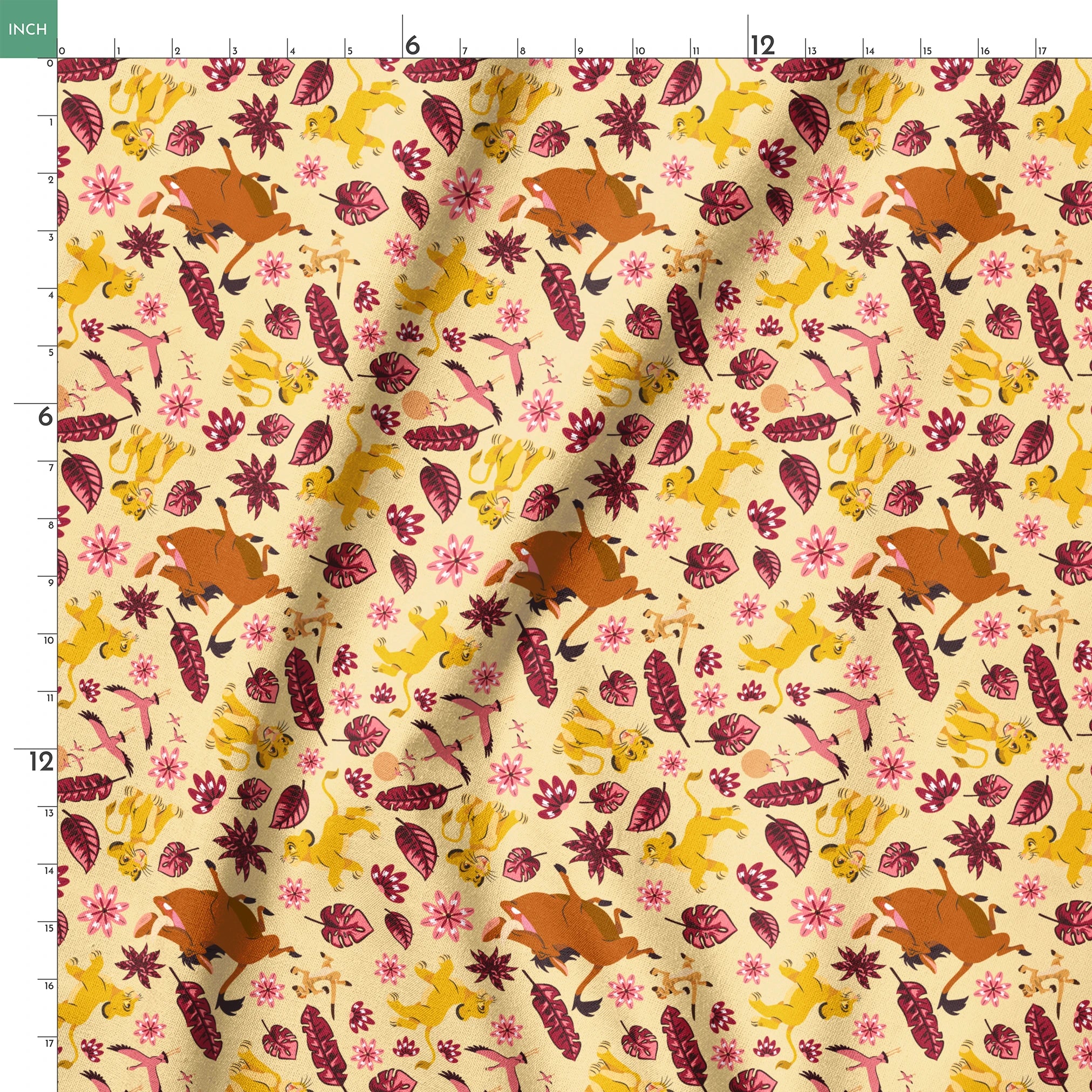 Decorative pattern with lions, gazelles, and boars in yellows and browns among maroon leaves and pink flowers springs ruler 18x18