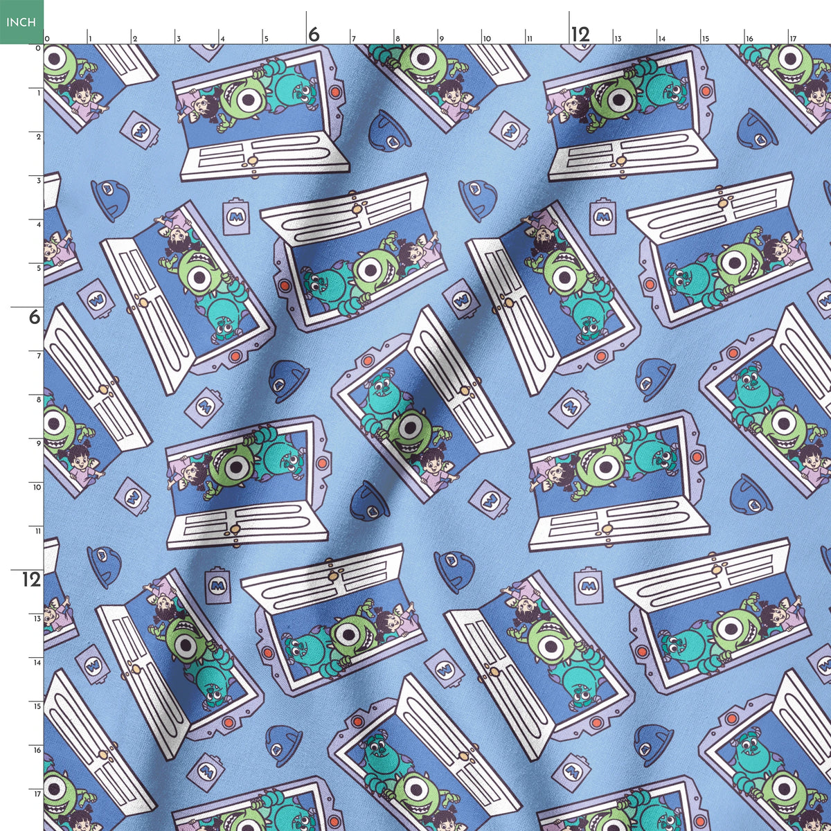 Monsters Inc characters Mike and Sully peeking through doorways on blue background pattern springs ruler 18x18
