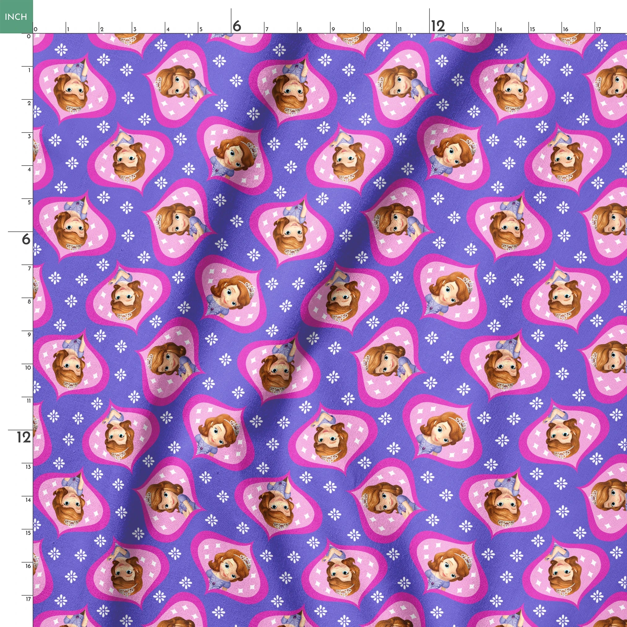 Sofia the First in pink frames pattern with white accents on purple background springs ruler 18x18