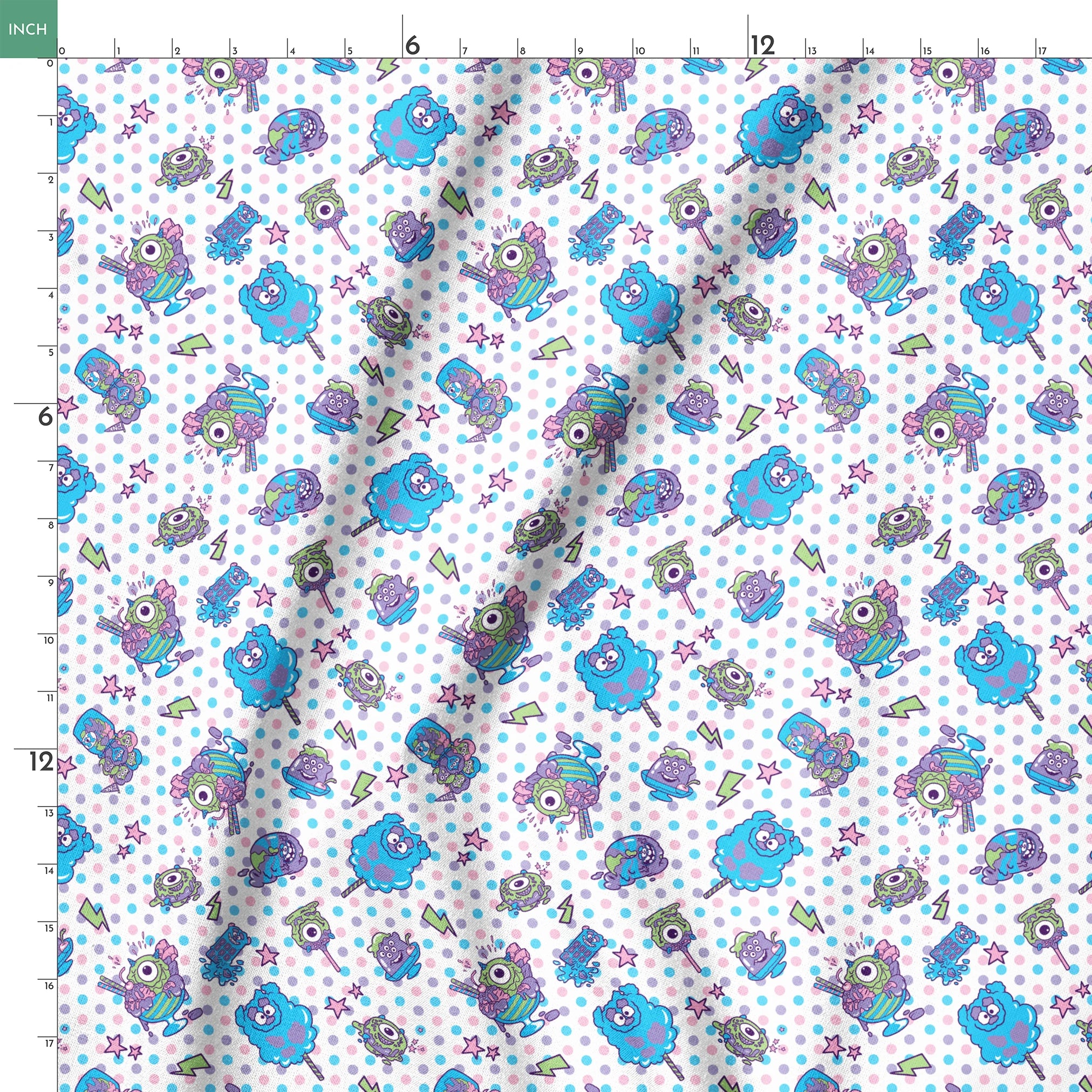 Monsters Inc inspired desserts, stars and lightning bolts on polka dot background springs ruler 18x18