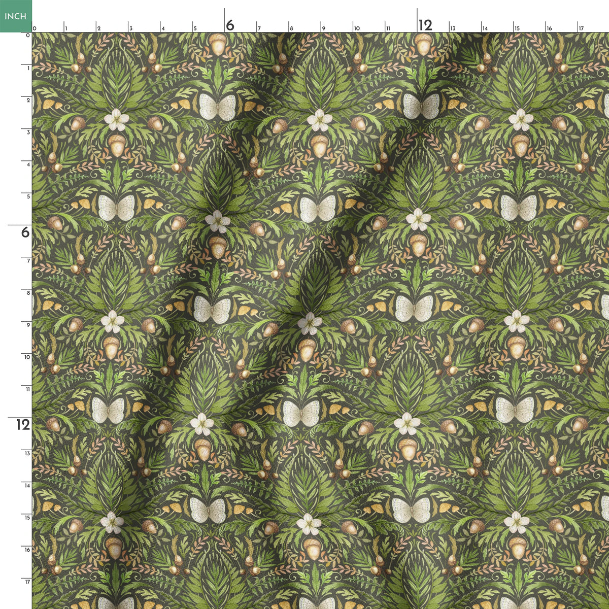 Symmetrical botanical pattern with green foliage, white flowers, and brown accents on dark background springs ruler 18x18