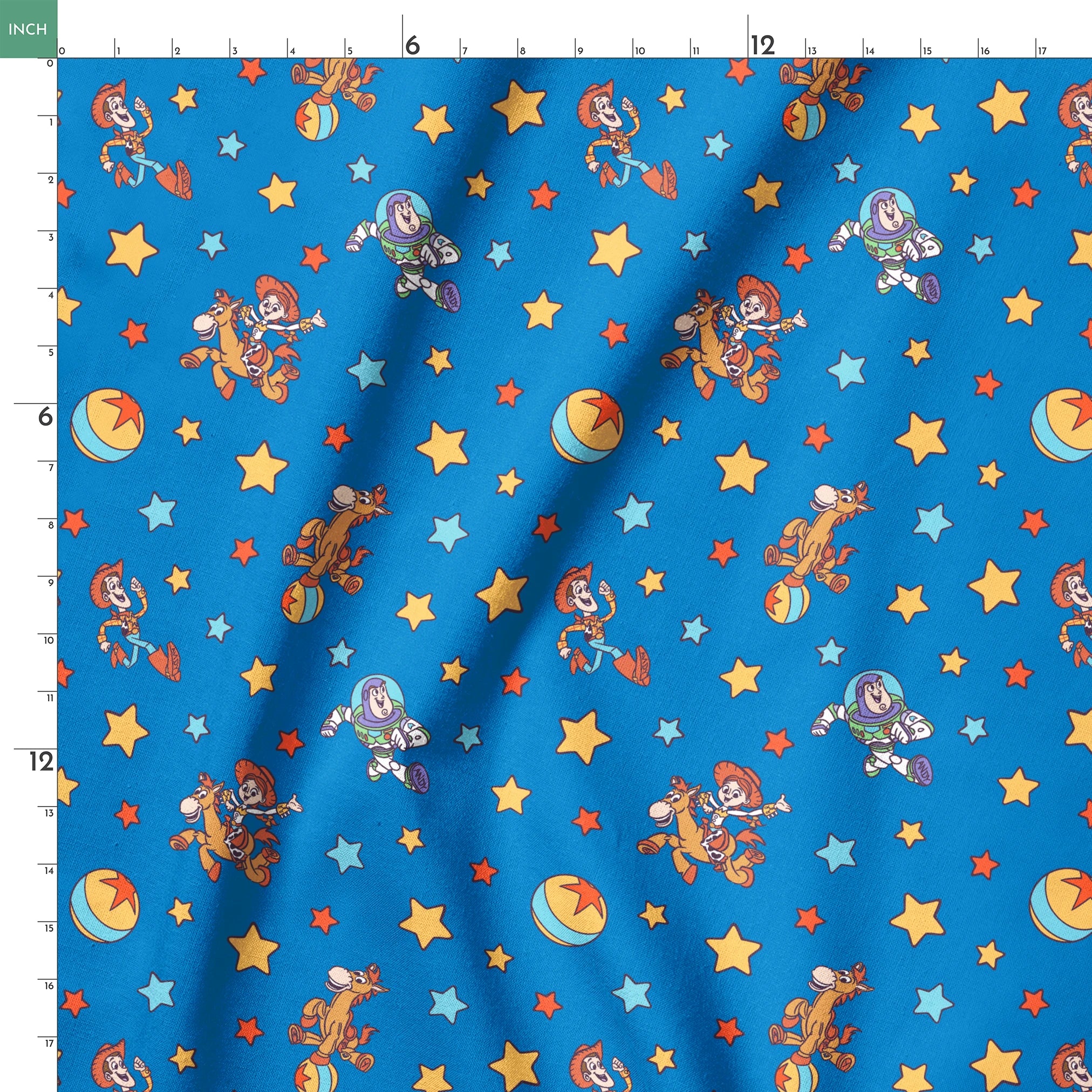Toy Story characters floating in space pattern with stars on blue background springs ruler 18x18