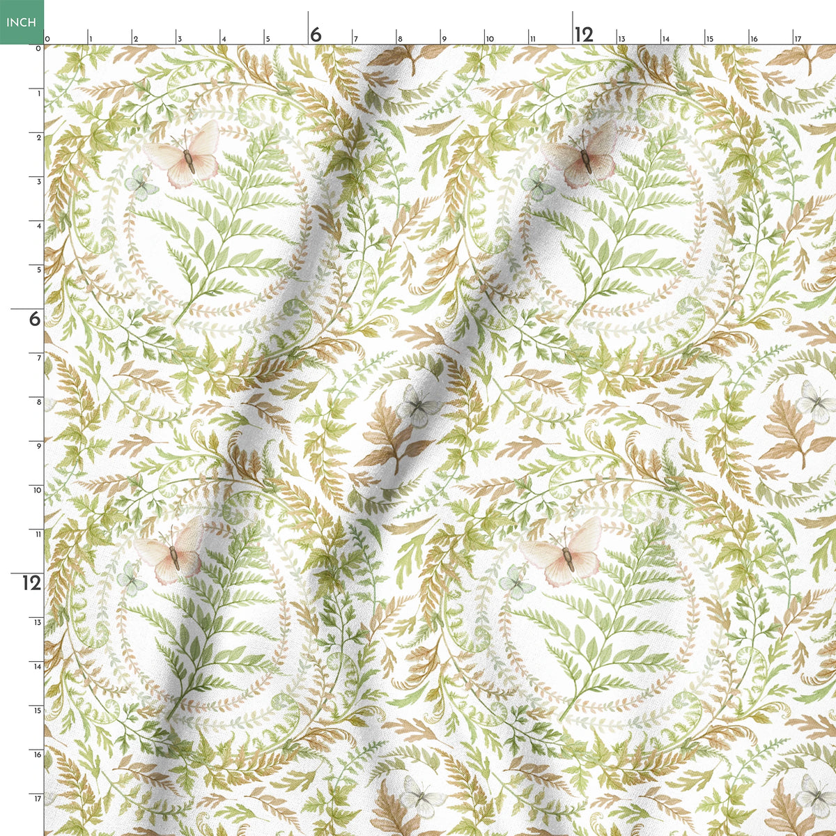 Circular botanical design featuring green ferns and blush butterflies on a white background in a Nicole Tamarin pattern. springs ruler 18x18