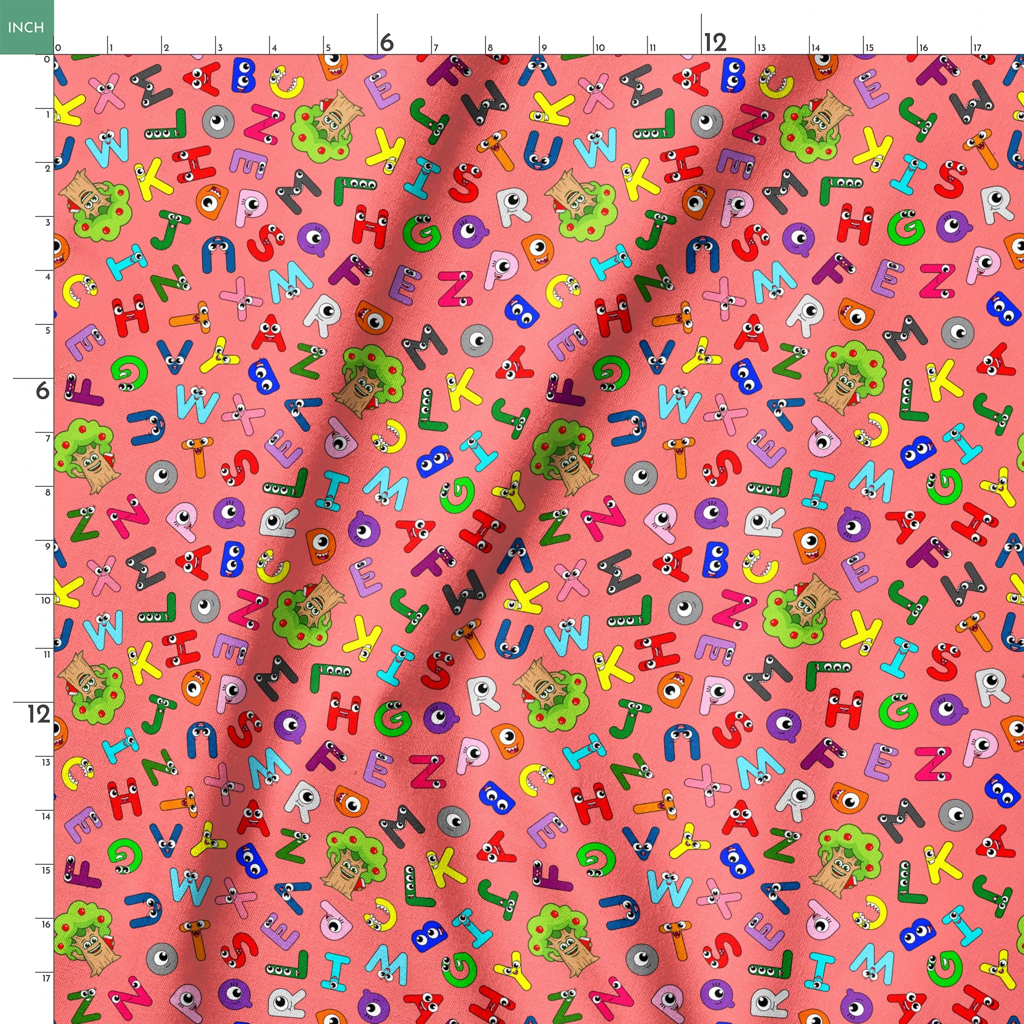 Colorful alphabet pattern with cartoon letter characters on bright pink background springs ruler 18x18