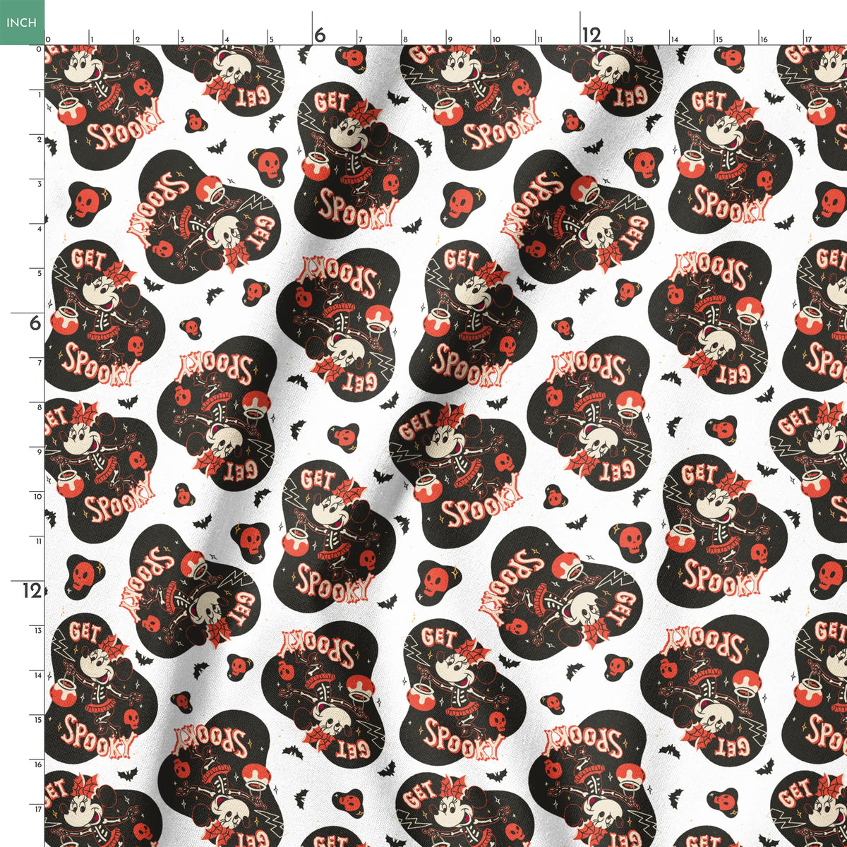 Halloween pattern with Minnie Mouse shapes, "Get Spooky" text, skulls, bats, and hearts on white background springs ruler 18x18