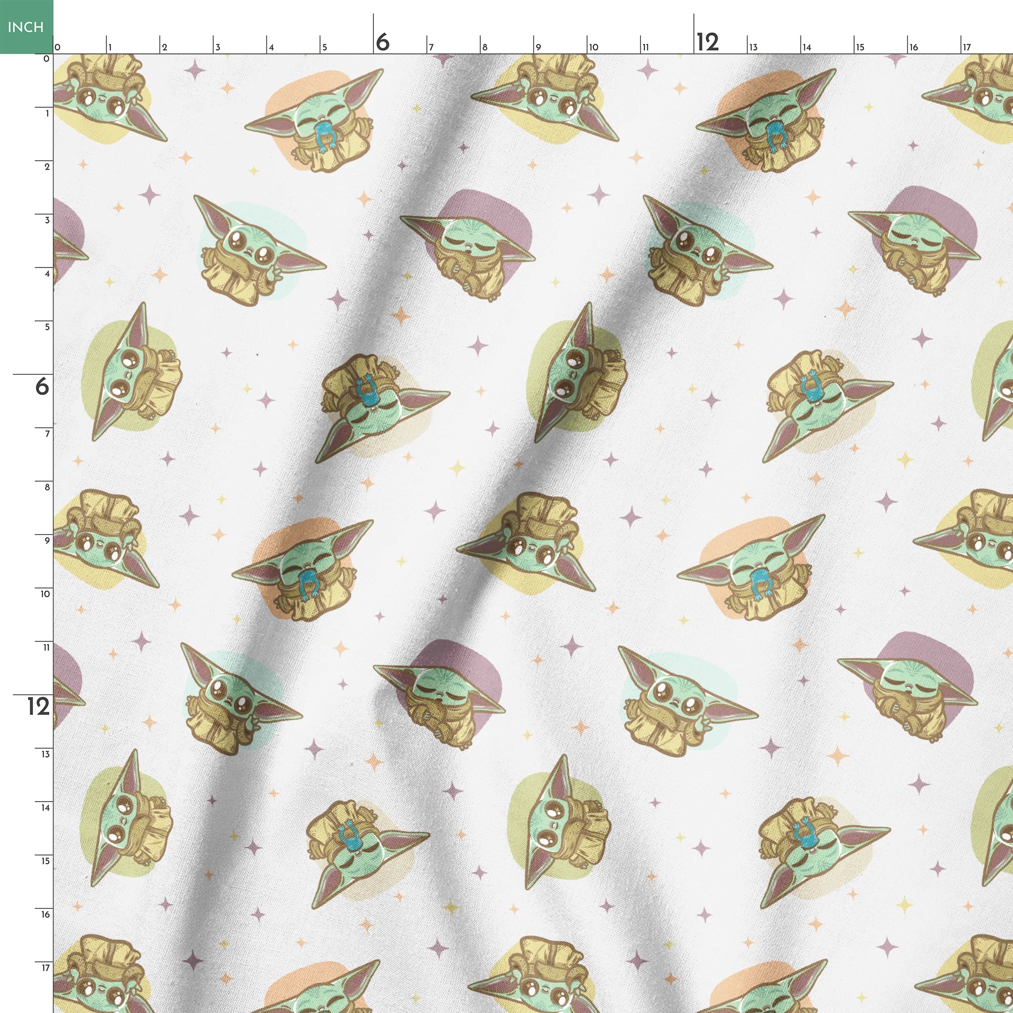 Cute cartoon characters in floating pods with big ears against a starry background, pastel colors springs ruler 18x18