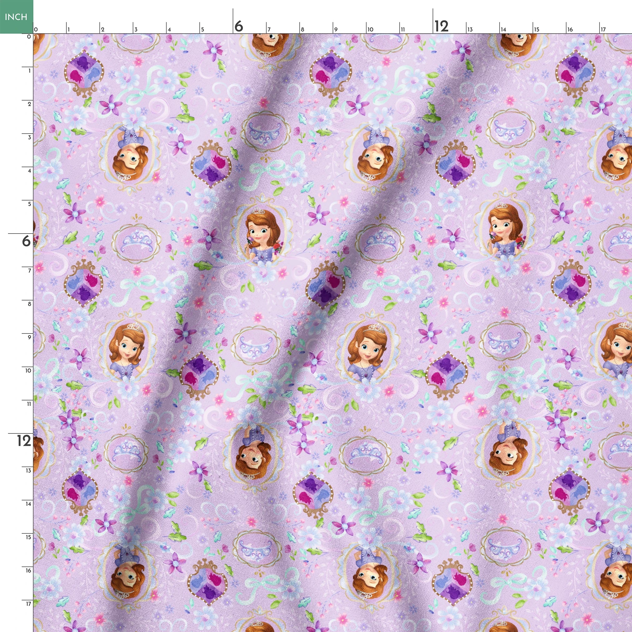 Princess Sofia pattern with purple flowers and swirls on lavender background springs ruler 18x18