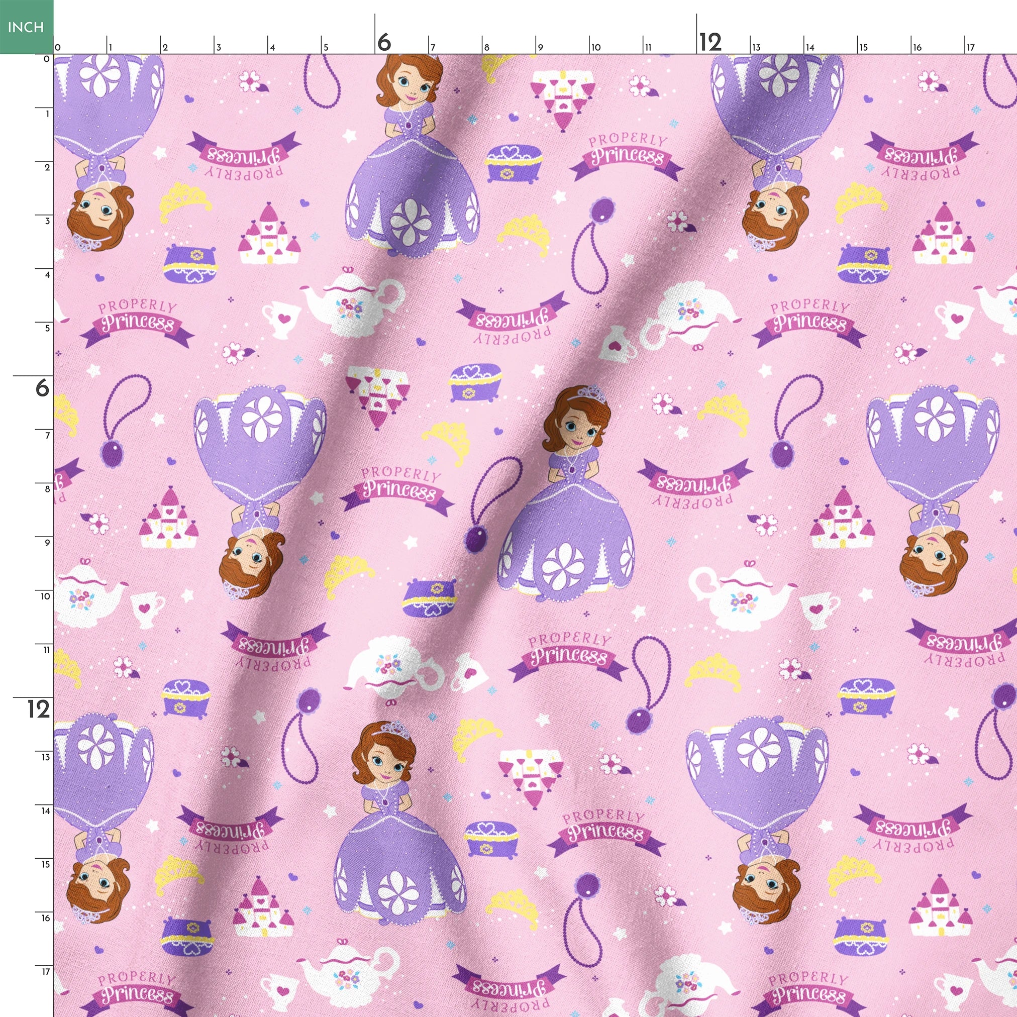 Princess-themed pattern with purple dresses, tiaras, teapots, and banners on pink background springs ruler 18x18