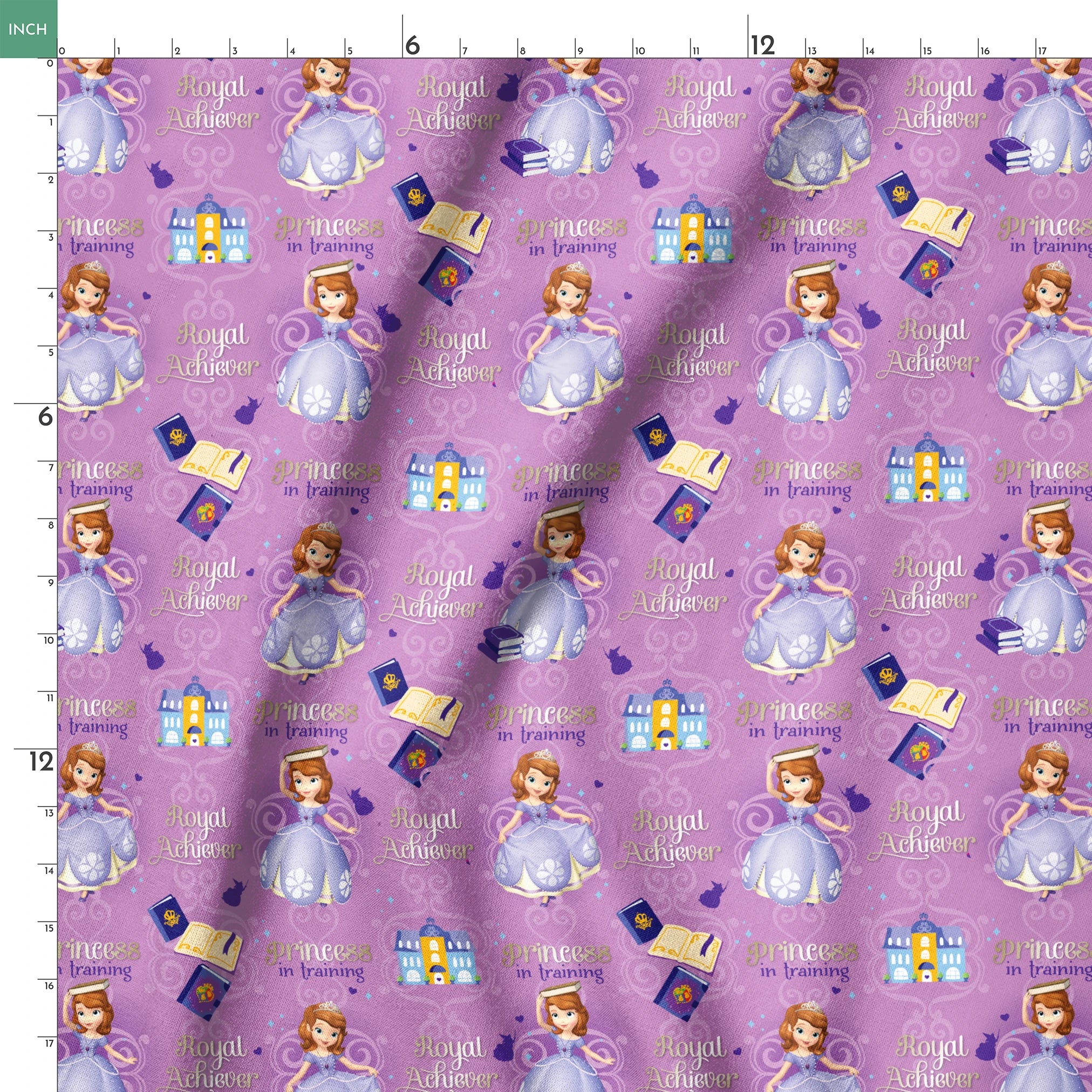 Princess Sofia pattern with "Royal Achiever" and "Princess in Training" text, purple background with castles and books springs ruler 18x18