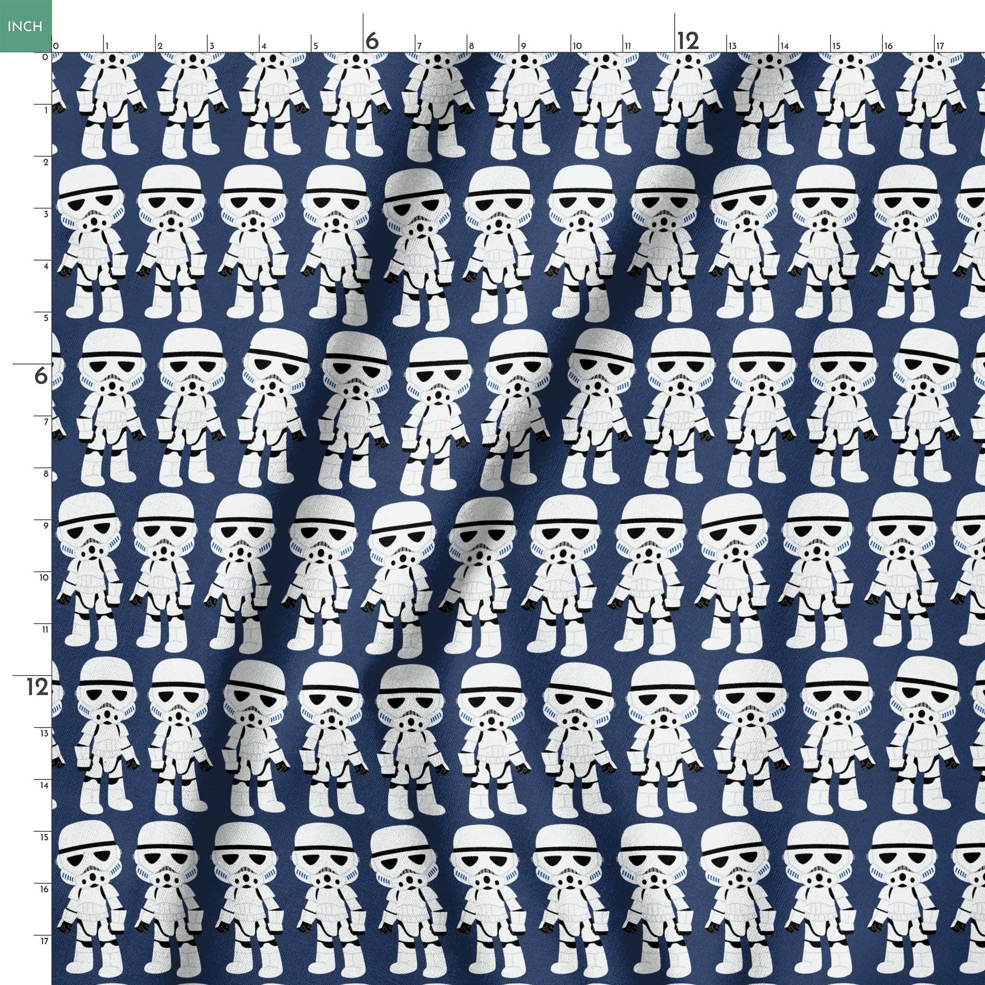 Repeated pattern of cartoon Stormtrooper characters in white armor against dark blue background springs ruler 18x18