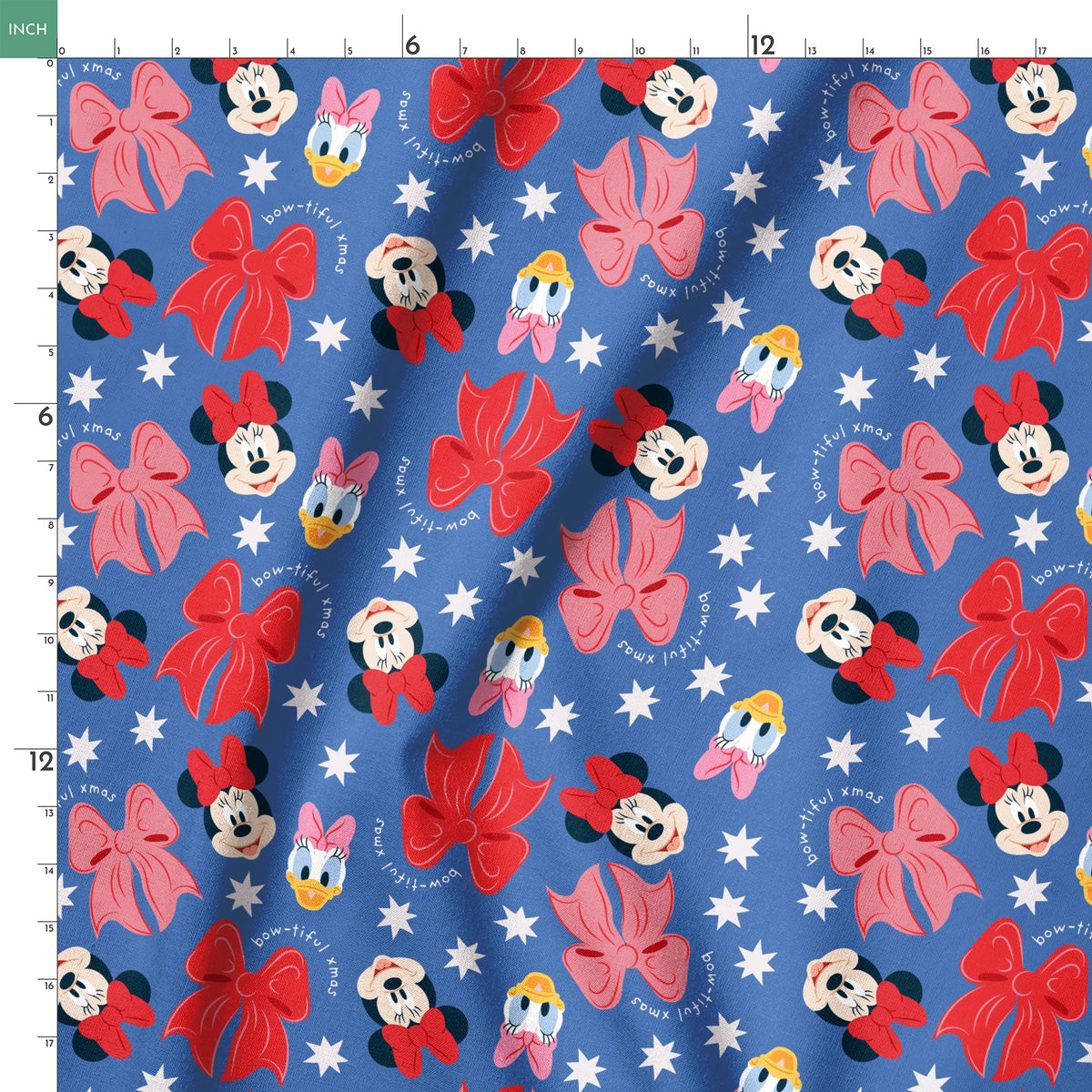Disney character pattern with Minnie Mouse, Daisy Duck, and pink/red bows on blue background with white stars springs ruler 18x18