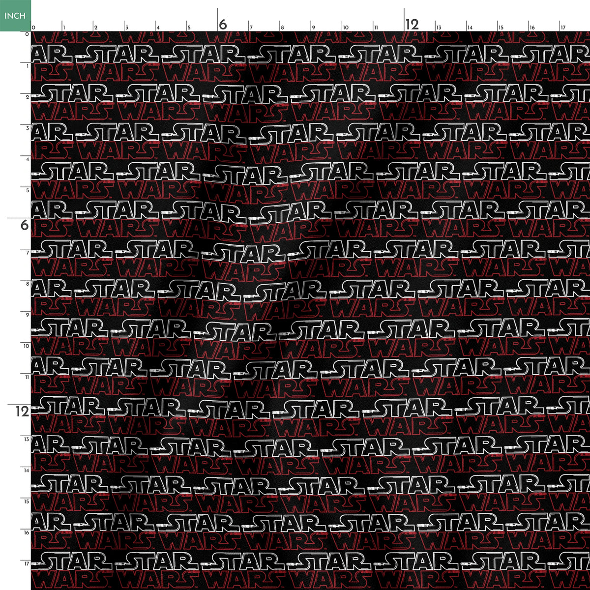 Star Wars logo pattern with white "STAR" and red "WARS" text repeating on black background springs ruler 18x18