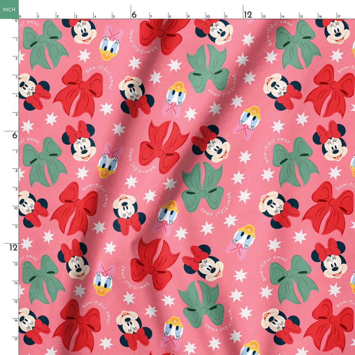 Disney character pattern with Mickey and Minnie Mouse, Donald Duck, bows in red and green on pink background with white stars springs ruler 18x18