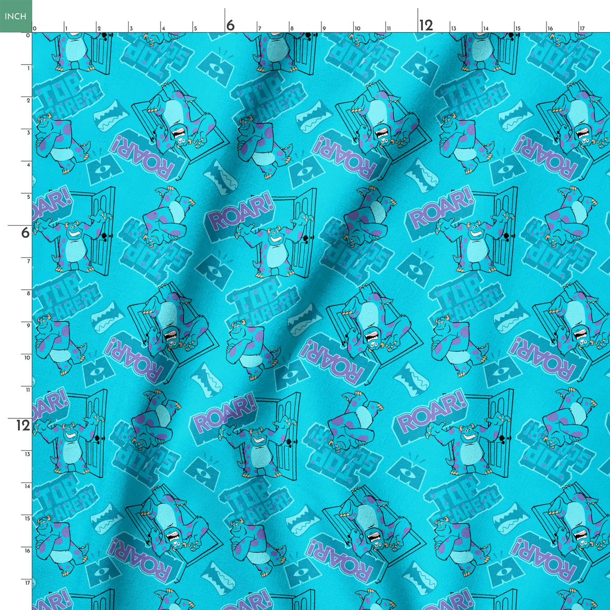 Monsters Inc's Sulley with "Roar" text and doorway motifs from movie springs ruler 18x18